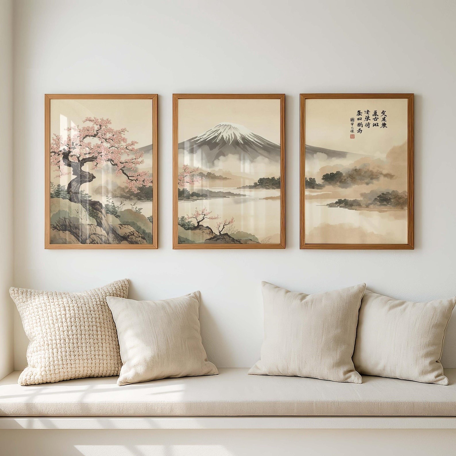 Set of three paintings: landscape paintings of Mount Fuji and cherry blossoms