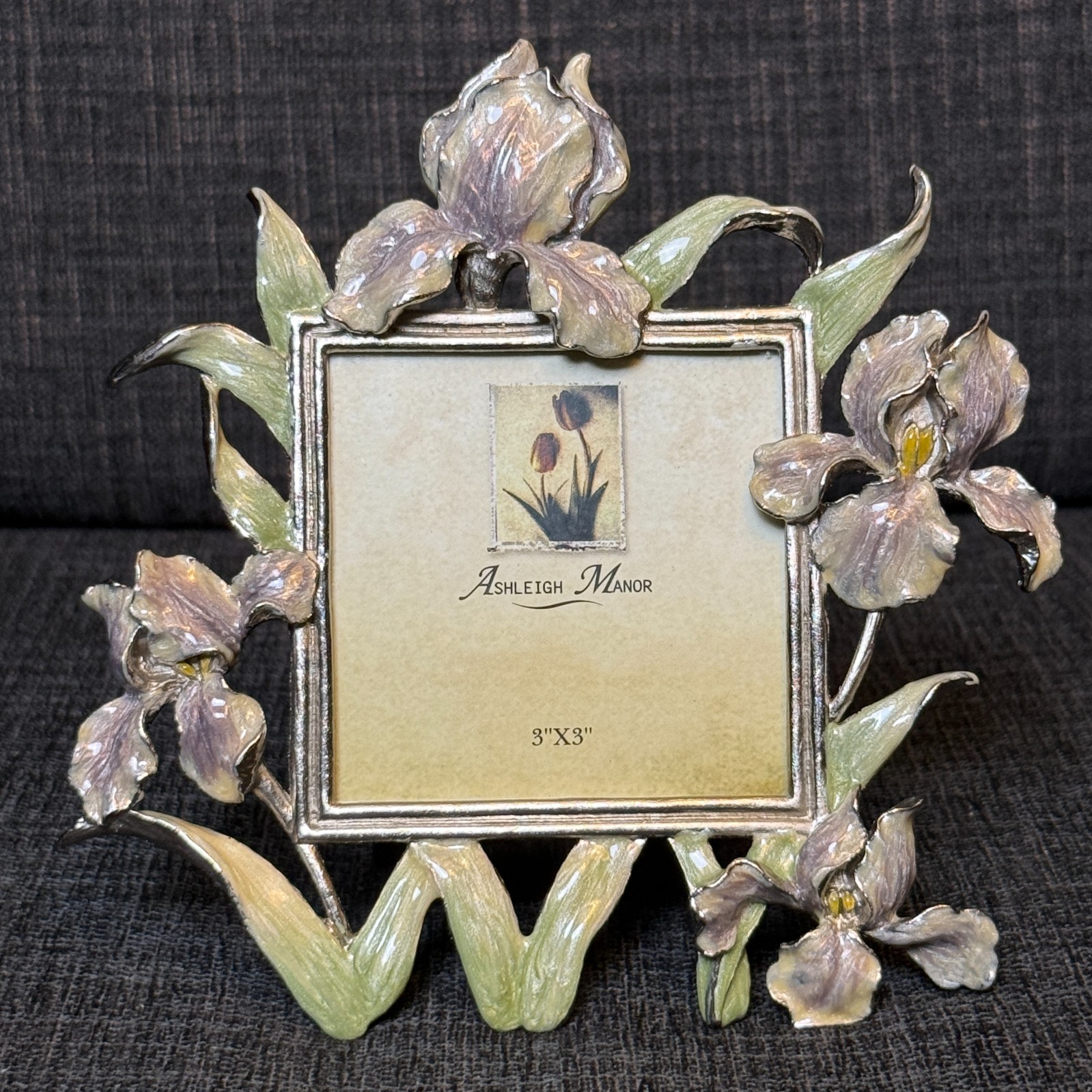 Ashleigh Manor Silver Tone Enameled Iris Photo Picture Frame Floral 3×3 Tabletop