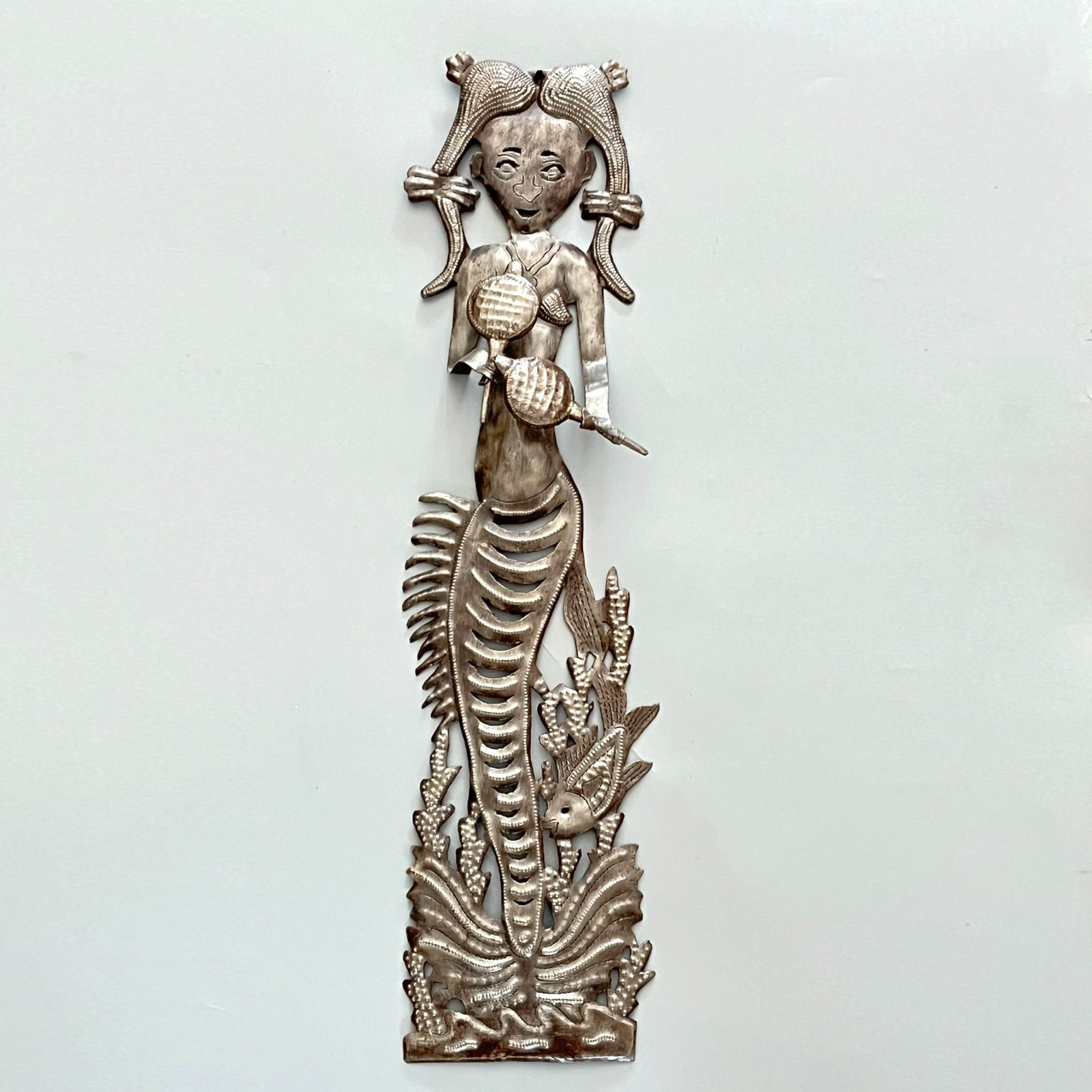 Haitian Folk Art Metal Mermaid Wall Hanging Sculpture 23&Prime; from Recycled Oil Drum