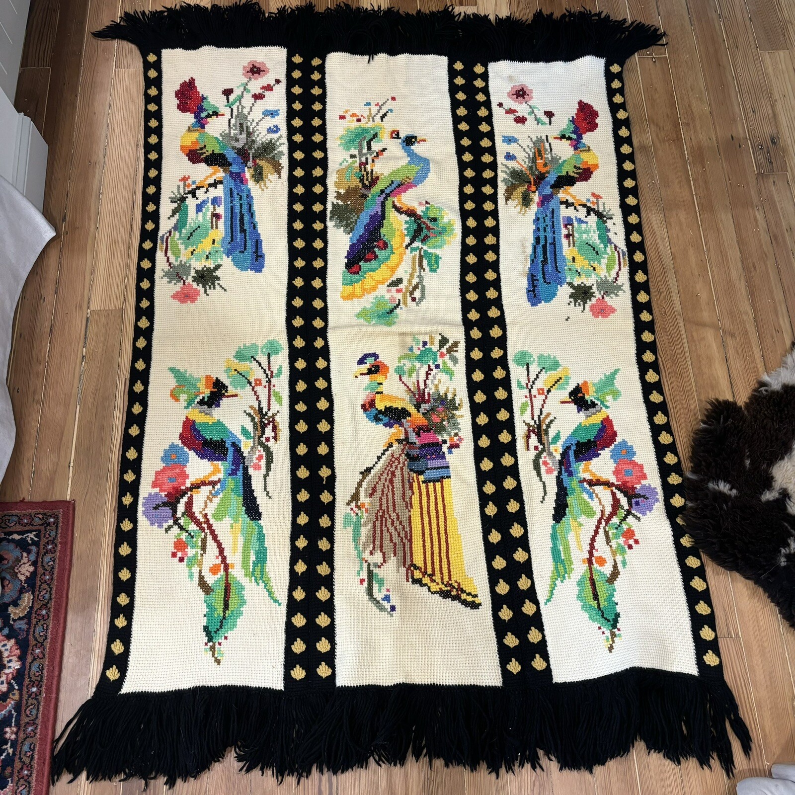Vintage Peacock Bird Handmade Needlepoint Throw Blanket Afghan 49 X 77