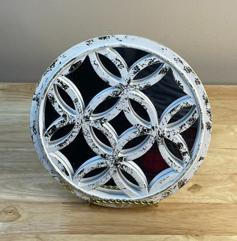Rustic Round Wall Mirror Distressed White Gold Geometric Farmhouse 8”