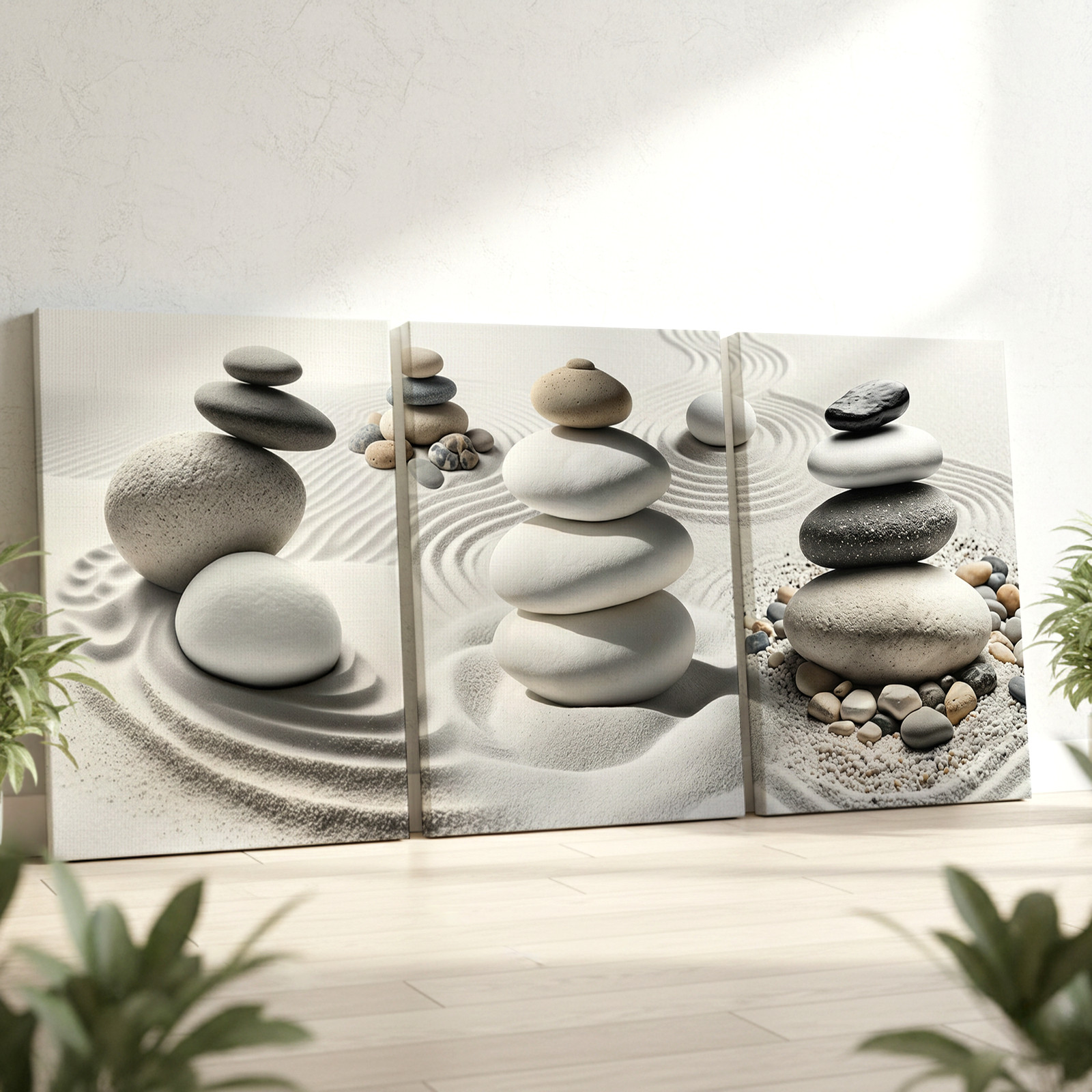 3 Pieces Zen Stone Balance Sand Patterns Tranquil Large Wall Art for Set Of 3