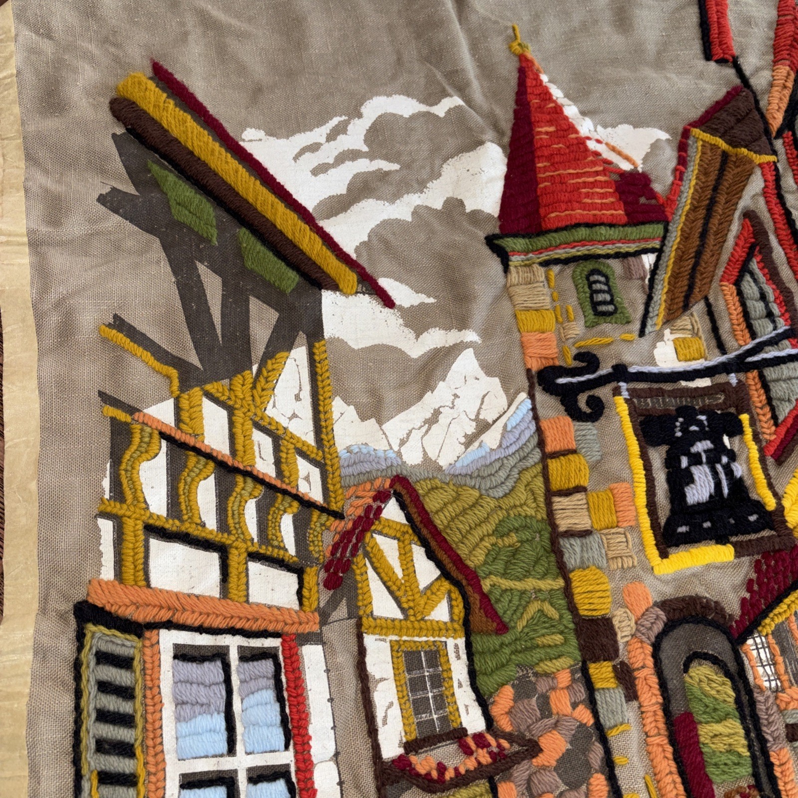 Wall Tapestry Artwork Crewel Embroidery 22.75&Prime;x 33.5&Prime; European Village Scene