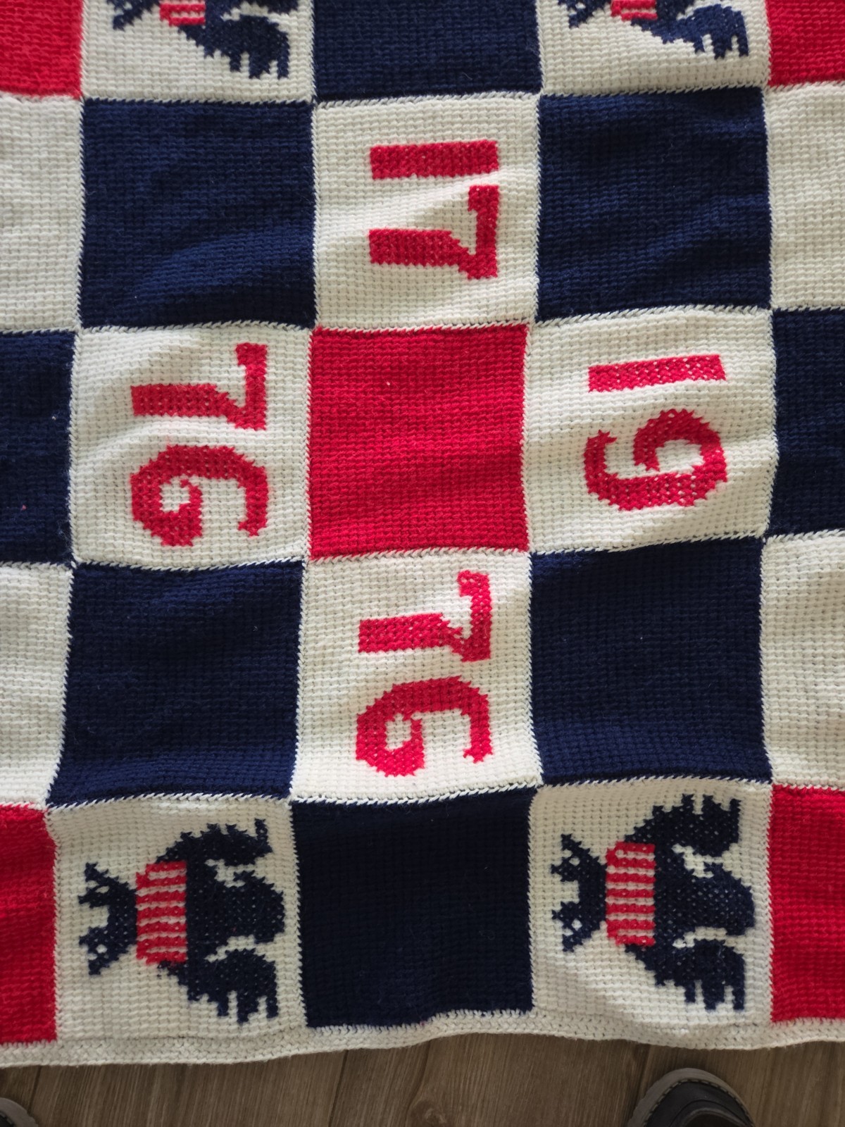 Vtg Handmade Red White Blue Crochet Afghan Blanket Bicentennial 1776-1976
