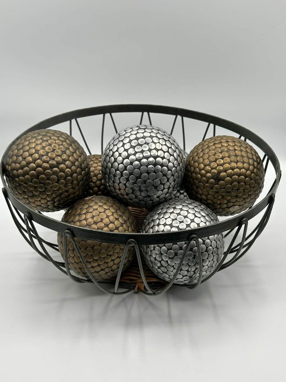 Set of 7 Decorative Wood Balls Metal Studded Bronze Silver 4” Orb