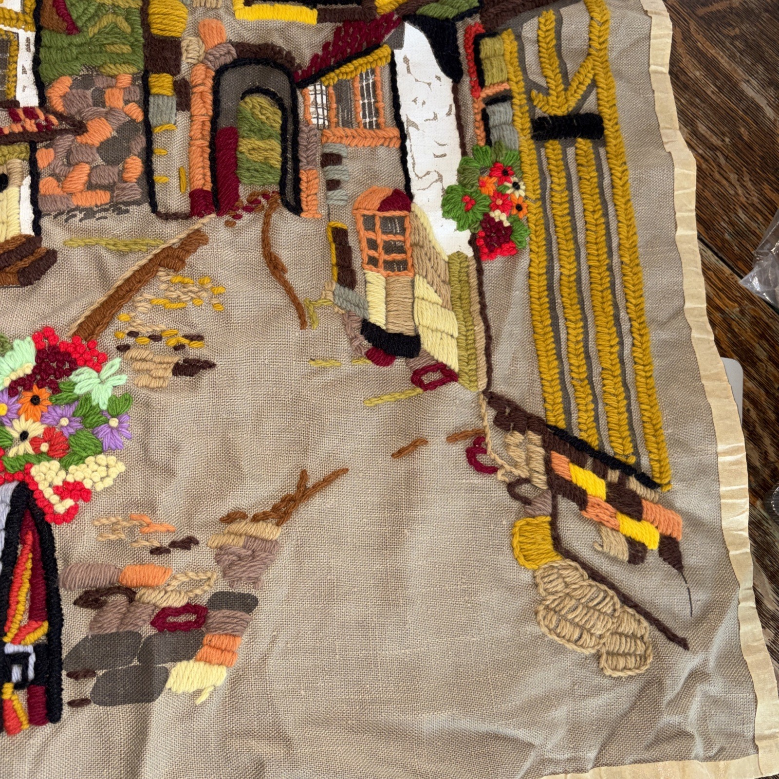 Wall Tapestry Artwork Crewel Embroidery 22.75&Prime;x 33.5&Prime; European Village Scene