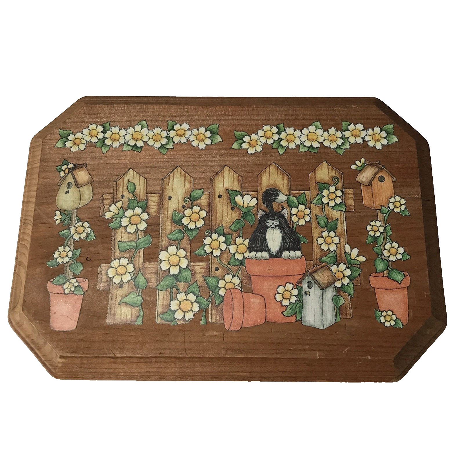 Vintage Picture on Wood Plaque Cat Garden Daisy Art Cottage Gallery Wall Kitsch