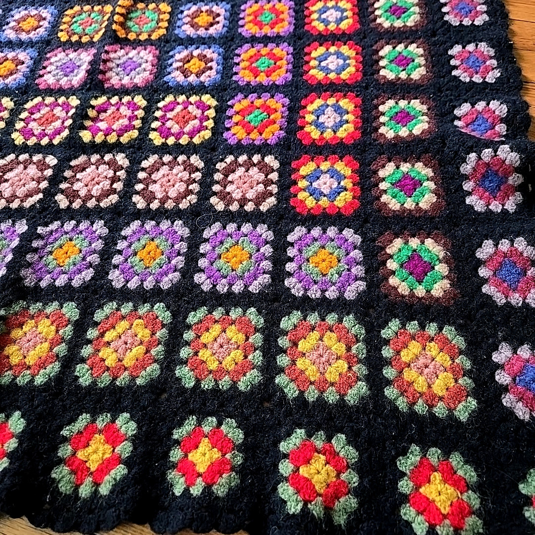 Granny Square Vintage Afghan Hand Crochet Multi-Color Blanket Roseanne 41×60