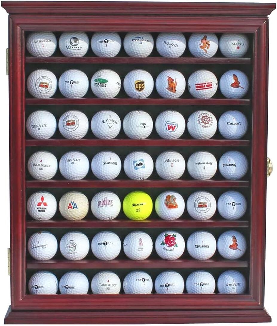 Golf Ball Display Case 49 Pcs Cherry & Green Wall Glass Door Cabinet Wood Rack