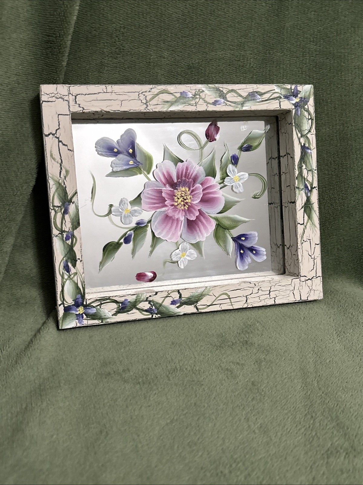 Shabby Chic Hand Made Hand Painted Floral Wood Framed Wall Mirror 7 x 5.75 in
