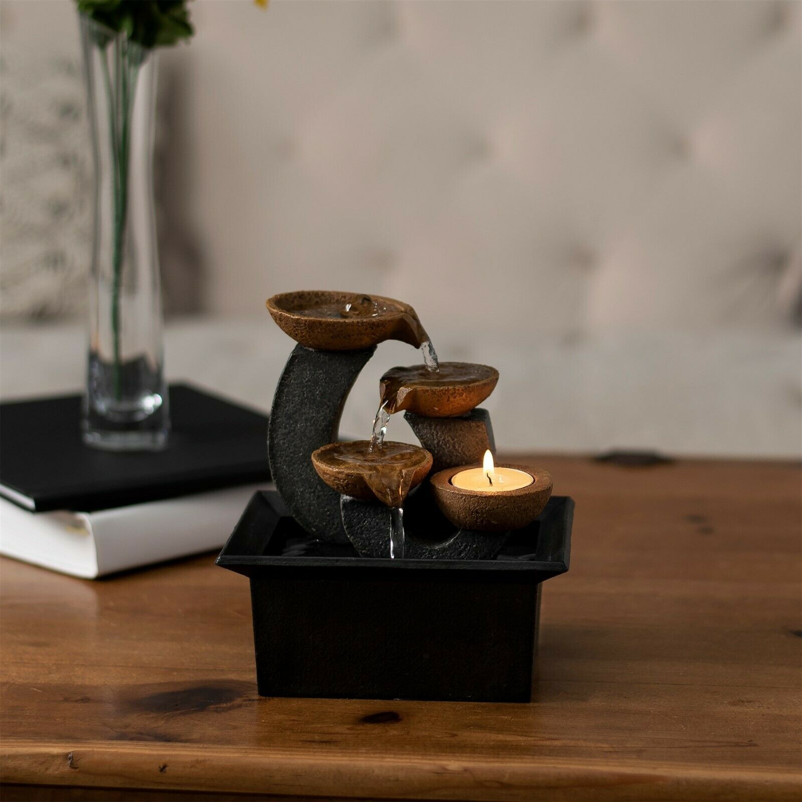 Tabletop Water Fountain Indoor Waterfall 3 Tier Candle Holder Soothing Sound