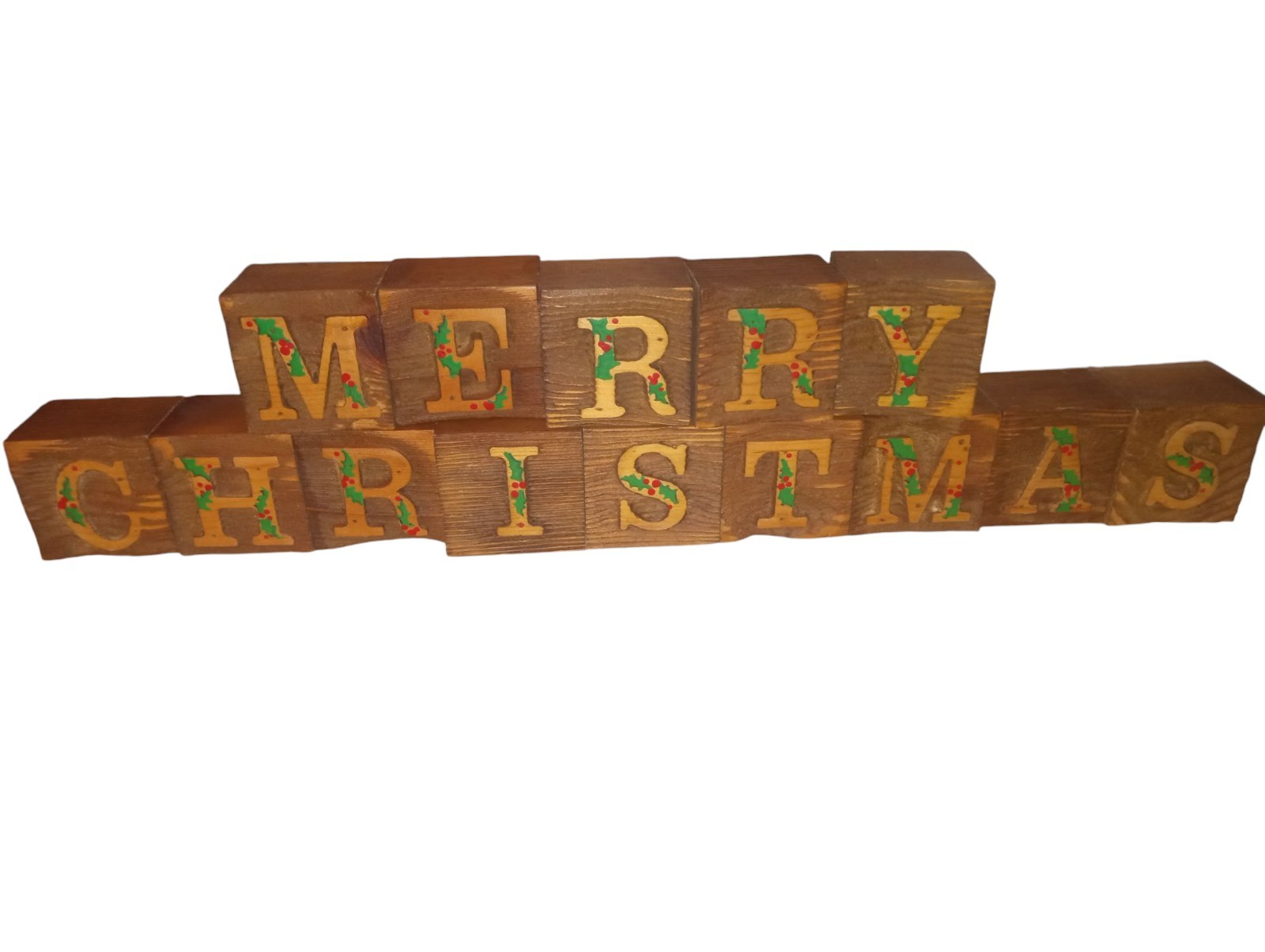 Wooden Letter Blocks (14) Spell Merry Christmas Cabin Farmhouse Country