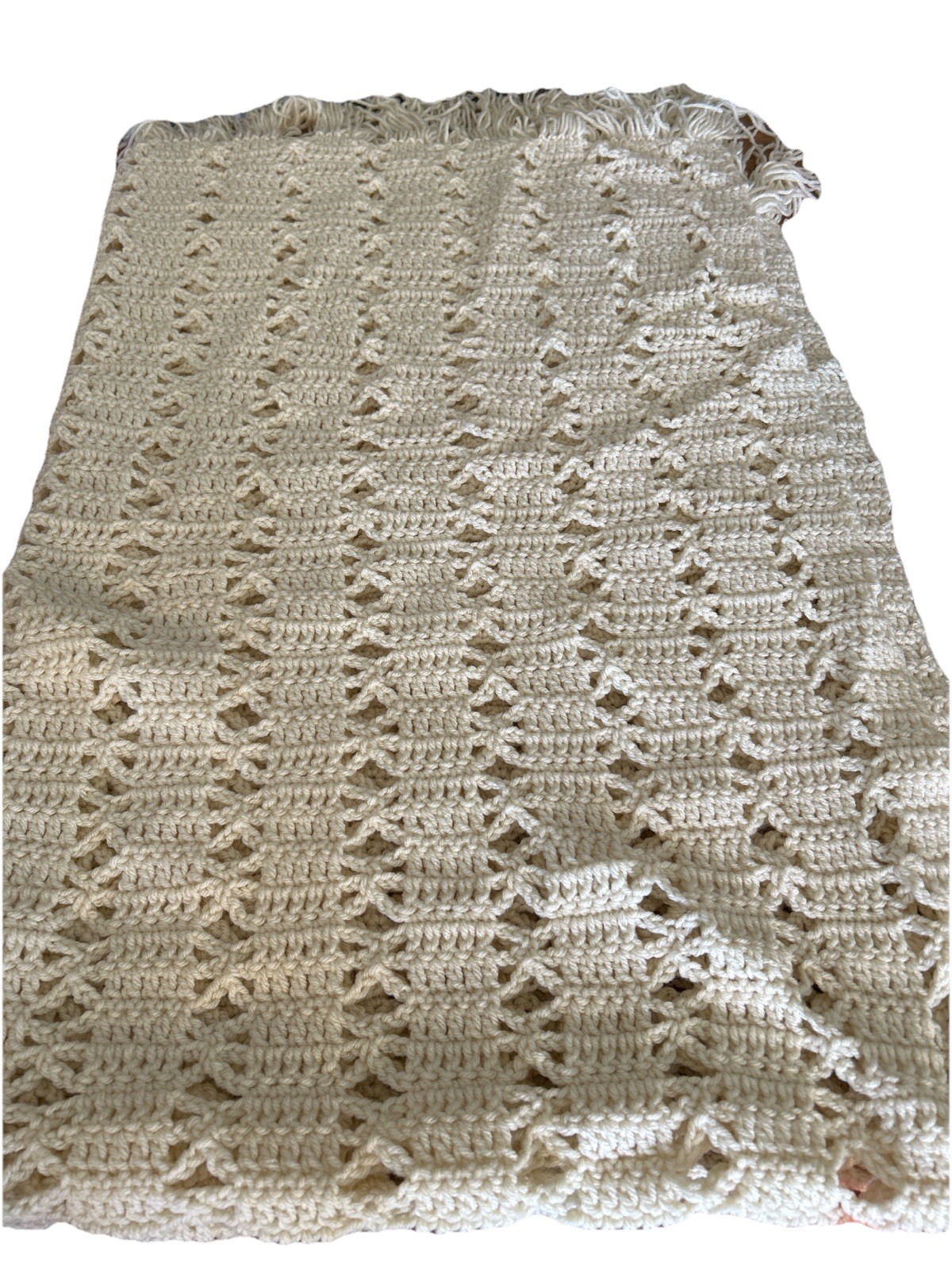 Handmade Vintage Crochet Afghan Blanket Throw 62”x46” Ecru Off White W/Fringe