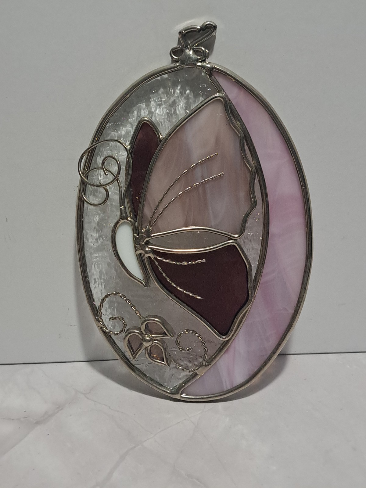 Vintage Stained Glass Butterfly Sun Catcher Pink Purple Cottagecore Whimsy