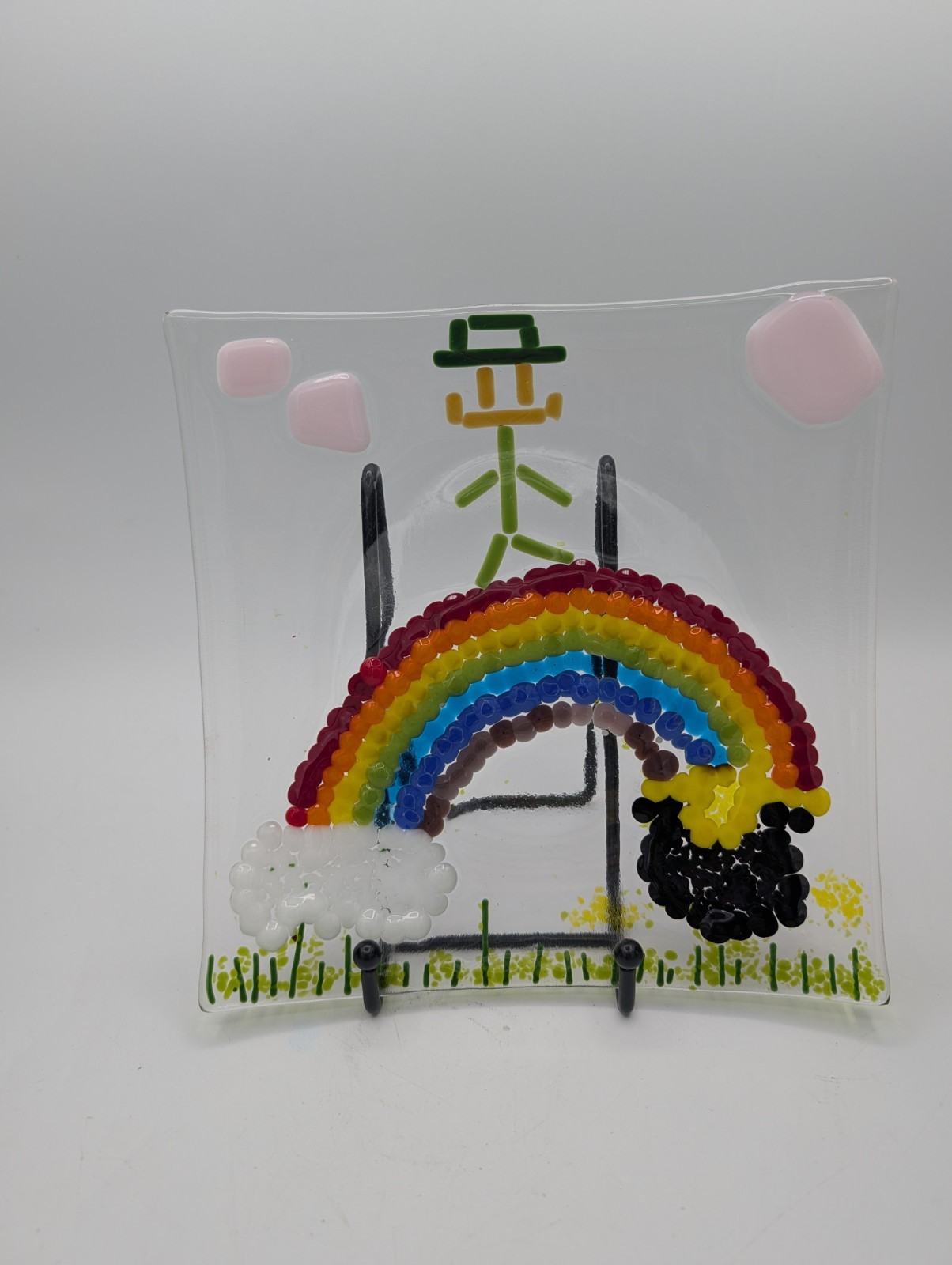 Handmade Fused Art Glass Square Dish Leprechaun Rainbow 7.75&Prime;