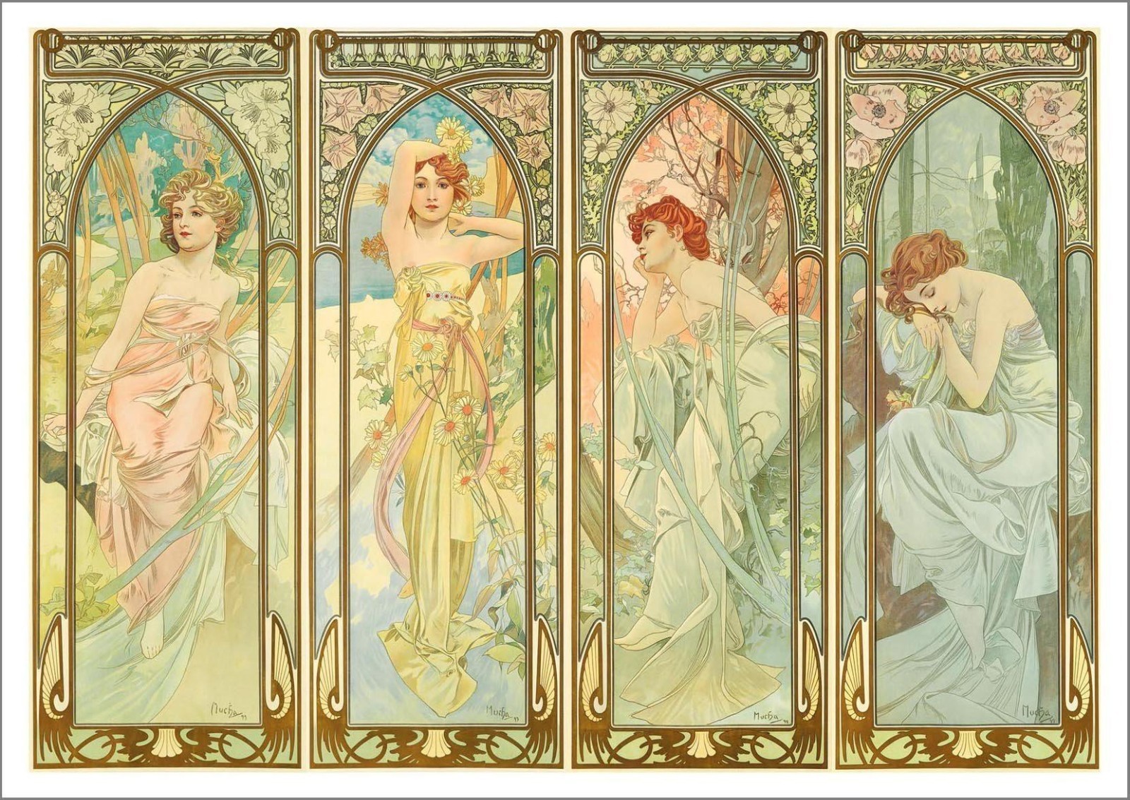 Times of Day Poster, Alphonse Mucha Four Seasons Art Print, Wall Hanging