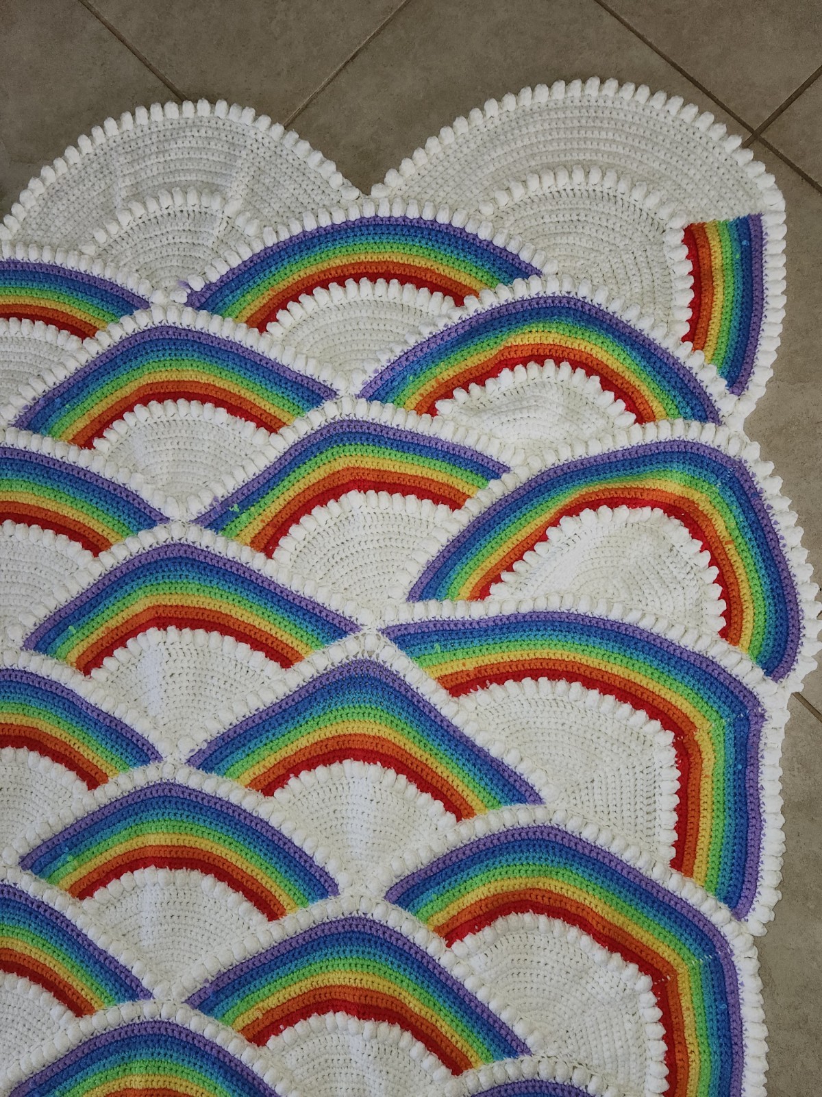 Vtg. Rainbow & Clouds Handmade Crochet Afghan Blanket Retro Pride Scalloped edge