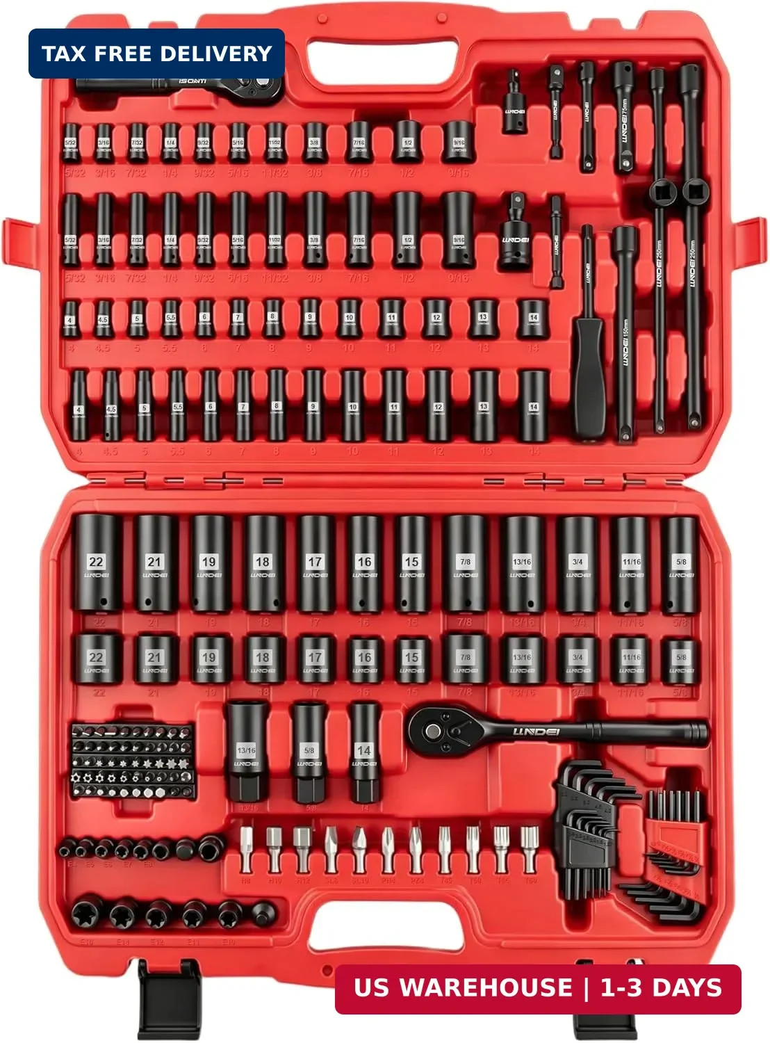 LLNDEI 1/4 & 3/8 Inch Drive Impact Socket Set, 186 Pieces Metric and Standard Fu