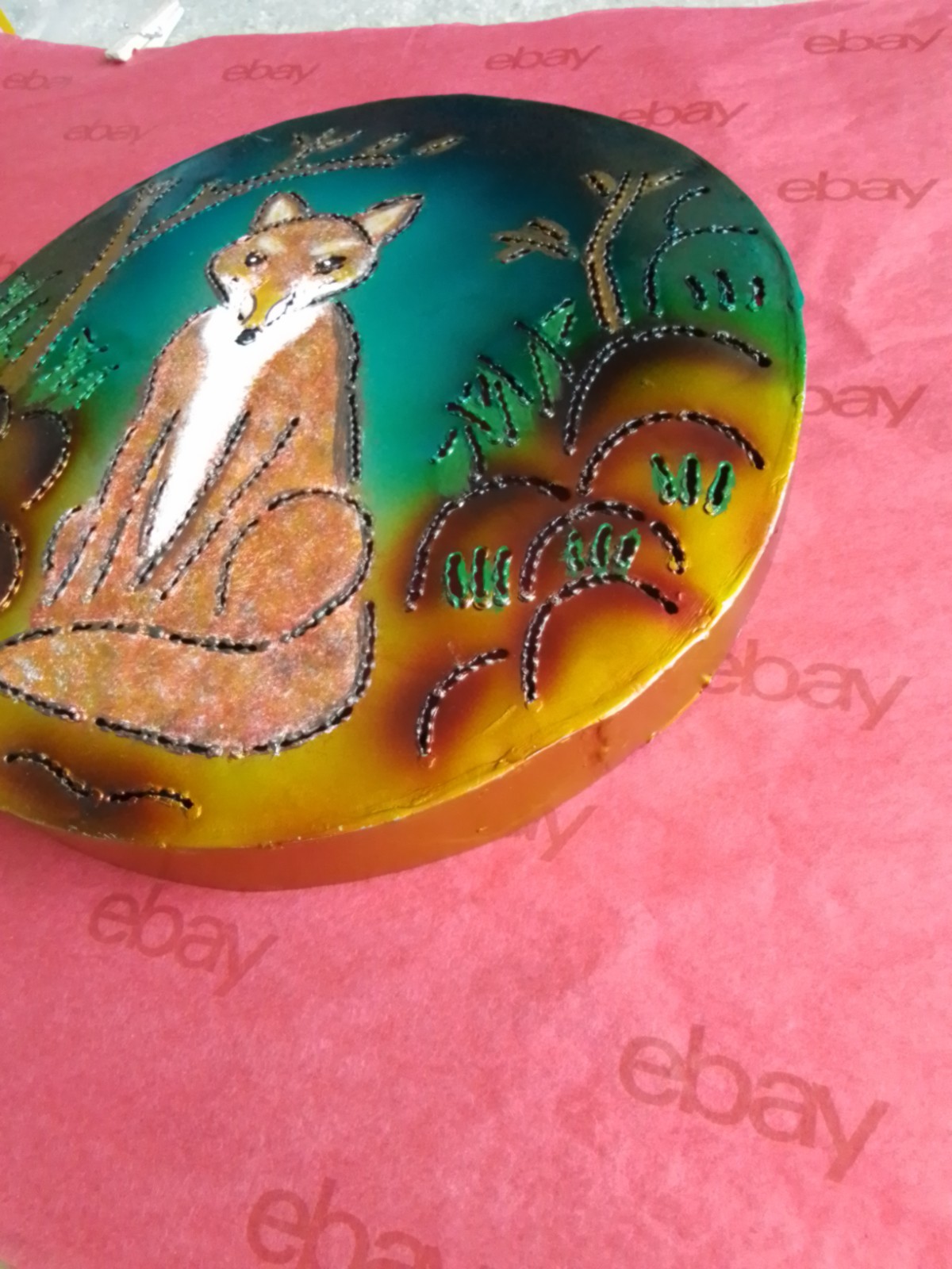 Handcrafted Painted Metal Plaque Fox Round 12.5&Prime;D Back-Illuminated In/Outdoor