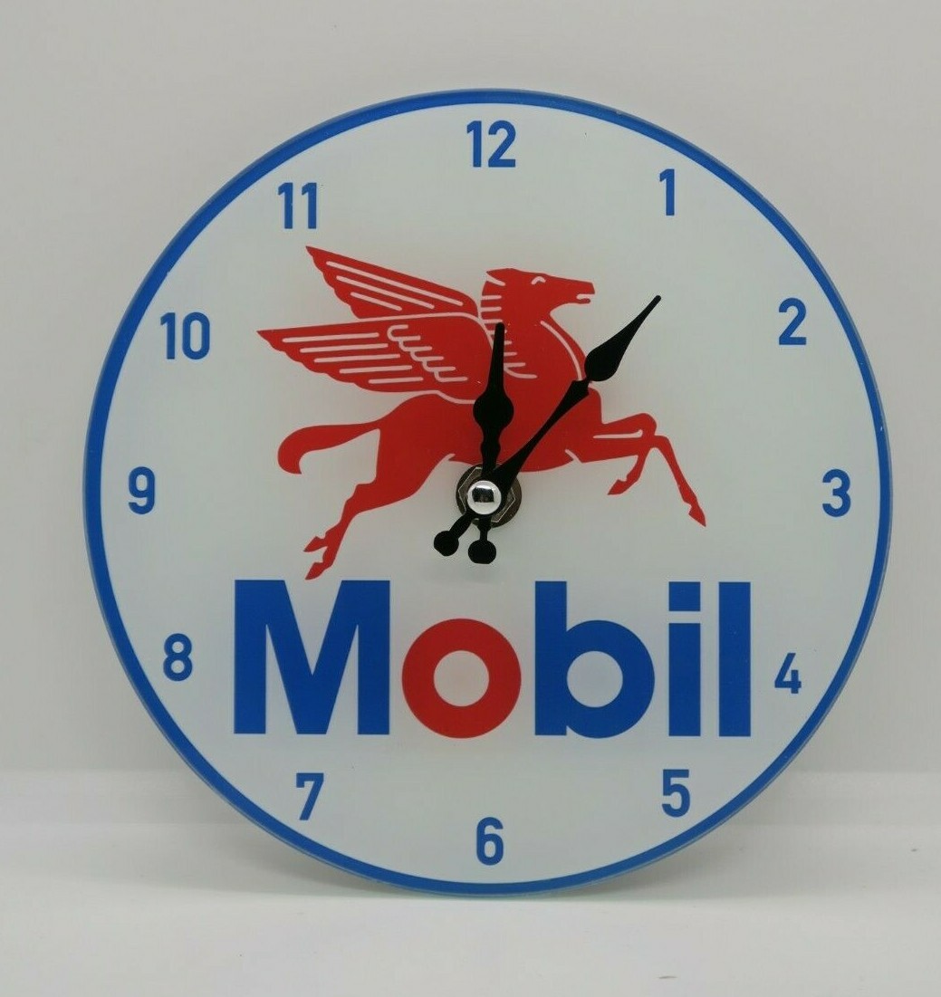 MOBIL 17 CM GLASS CLOCK COLLECTABLE MAN CAVE GARAGE SHED HOME DECOR