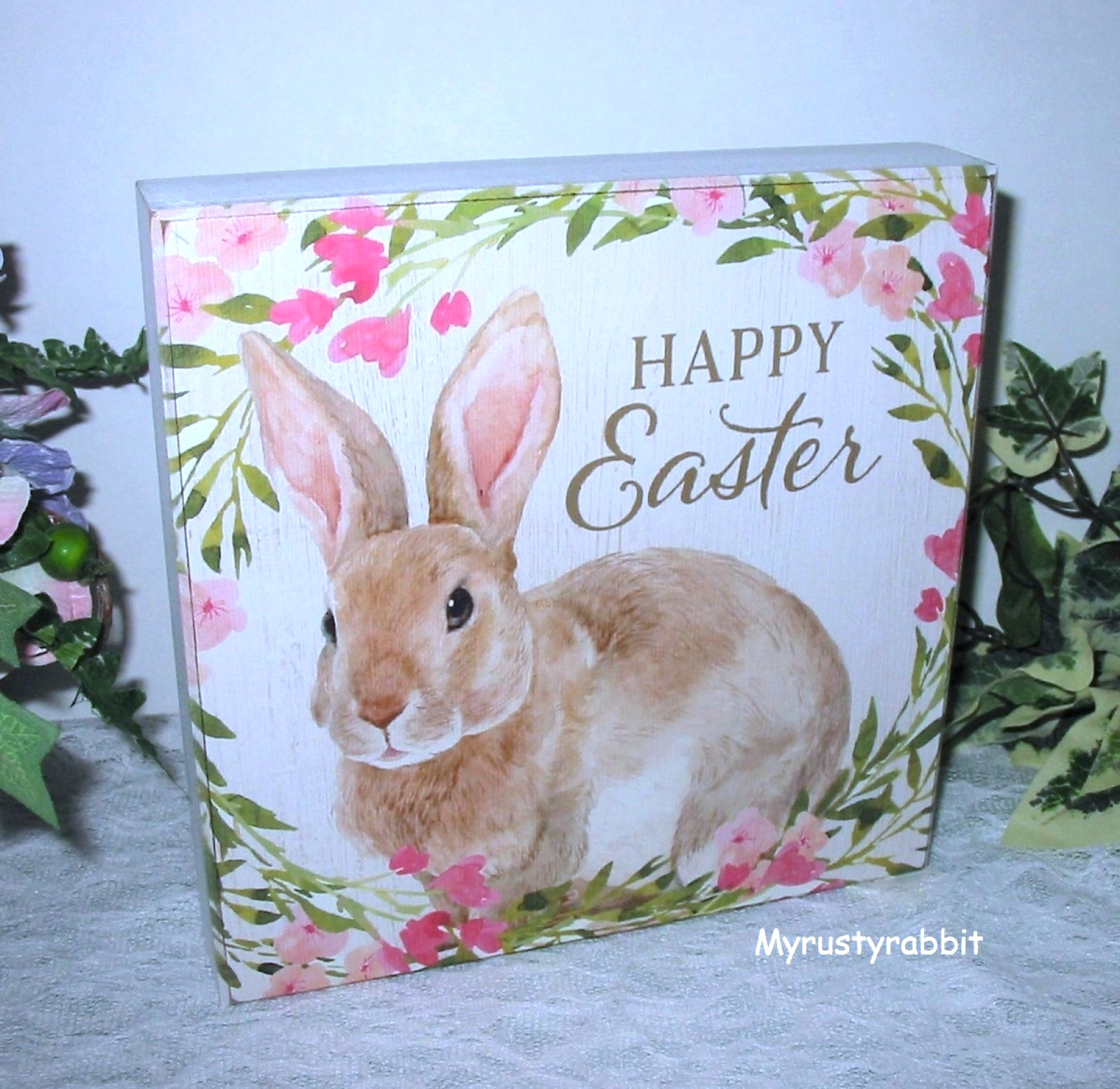 Happy Easter Wooden Box Sign Shelf Sitter ~ 8&Prime; Spring Bunny ~ Sixtrees New