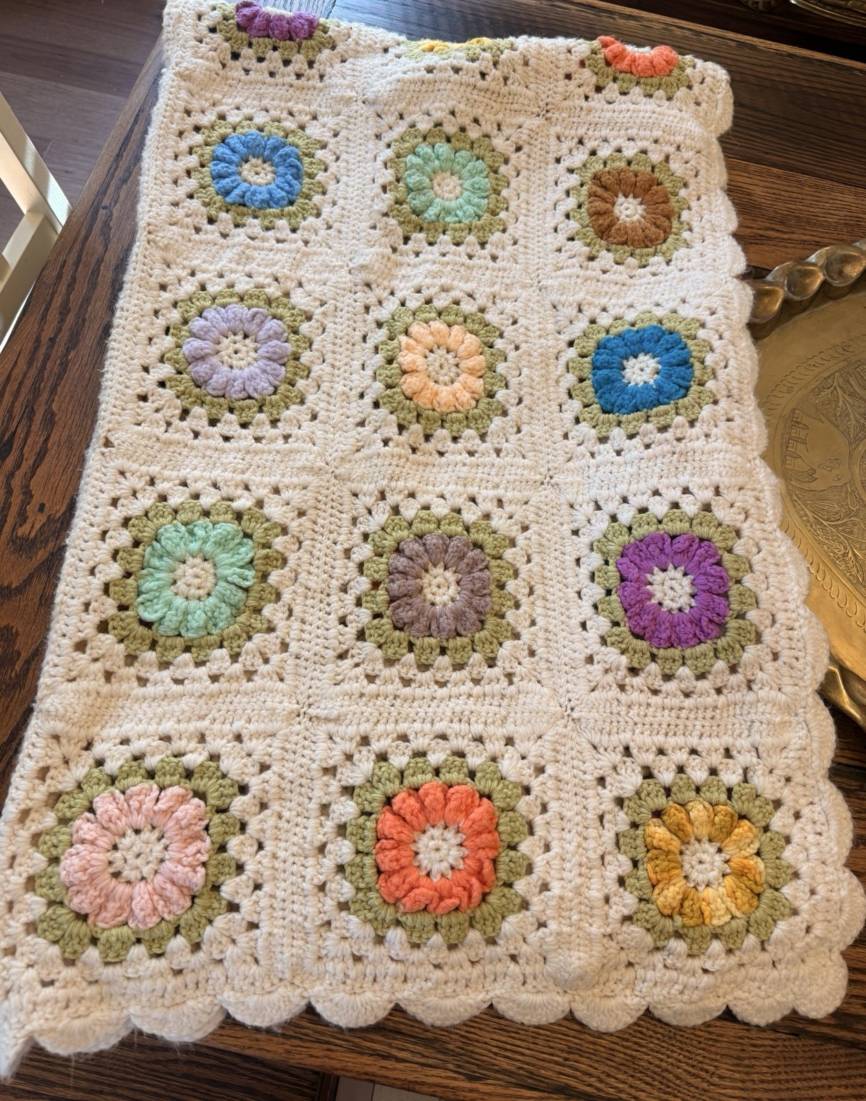 Vintage handmade crochet granny square multi-color flower afghan blanket 68×44