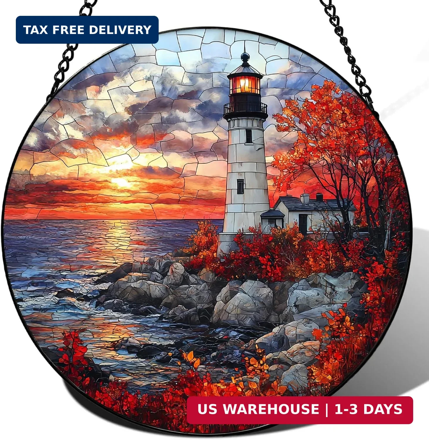 Stained Glass Lighthouse Suncatcher – 7.9&Prime; Real Glass Coastal Ocean Sunset Windo