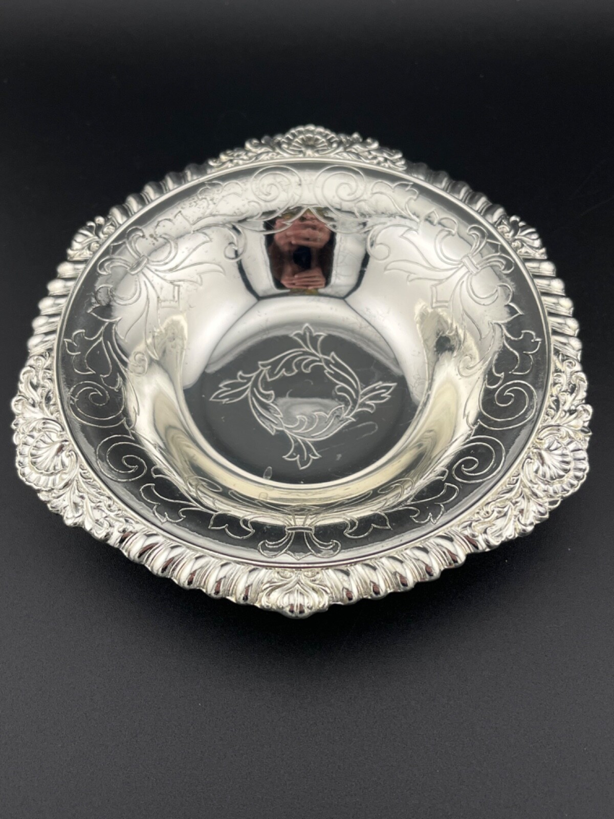 Metal Trinket Dish Silver Tone Etched 5.75 in Wide