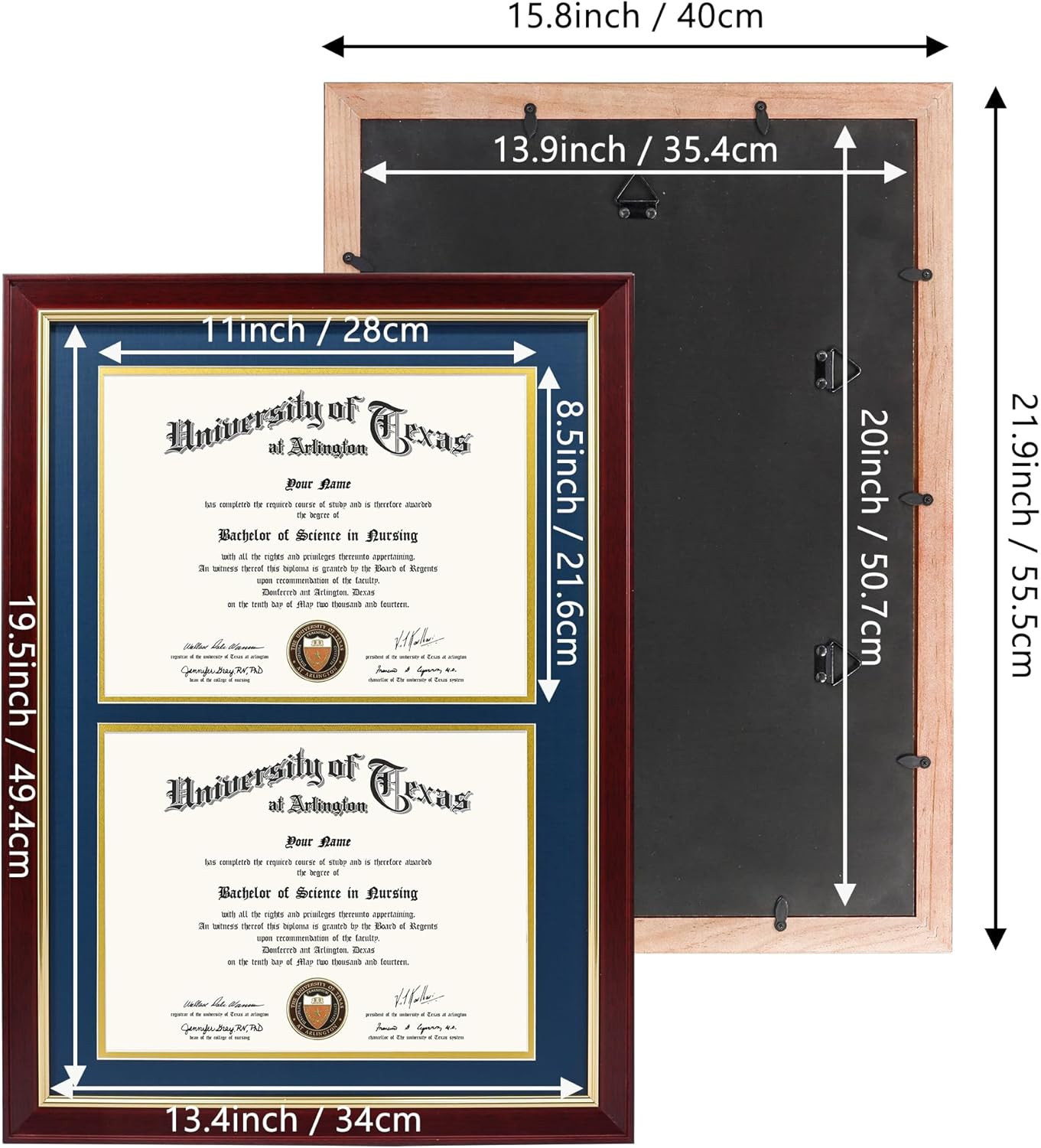 Elegant Double Diploma Frame for Two 8.5×11 Certificates, Navy & Gold Trim