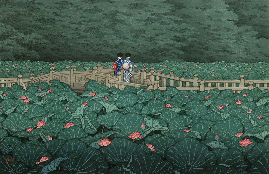 Japanese Art Woodblock Print « Benten Pond at Shiba » KAWASE HASUI Lotus Garden