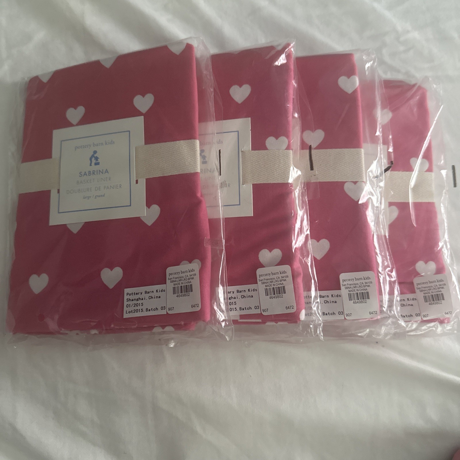 Pottery Barn Kids Sabrina Pink and White Heart Basket Liner Large (4x) NWT