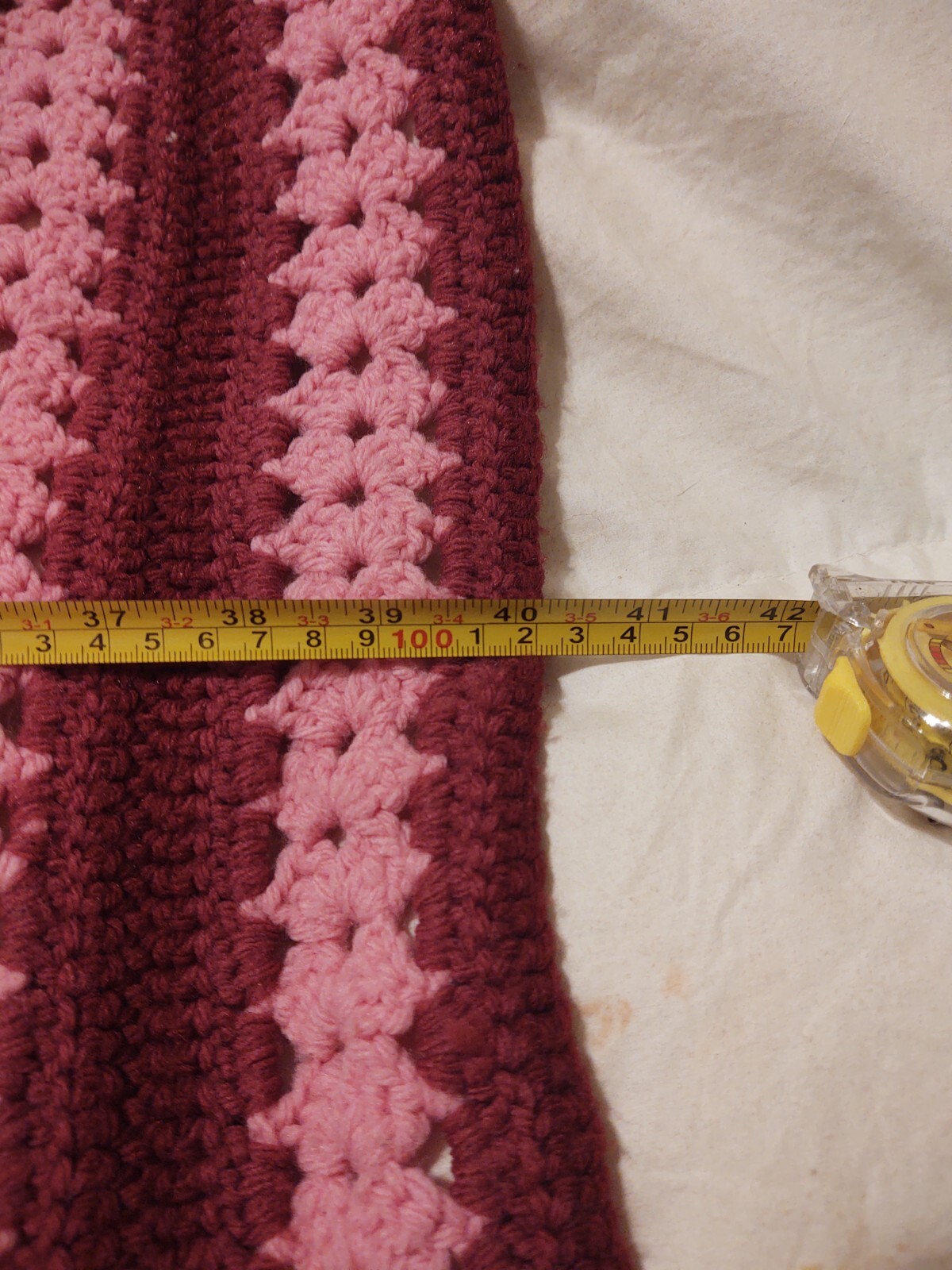 62in Afghan Hand knit blanket pink and maroon Hand made