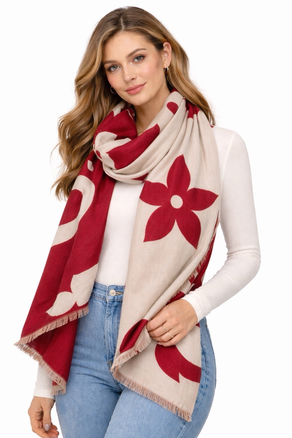 Red scarf with White Flowers