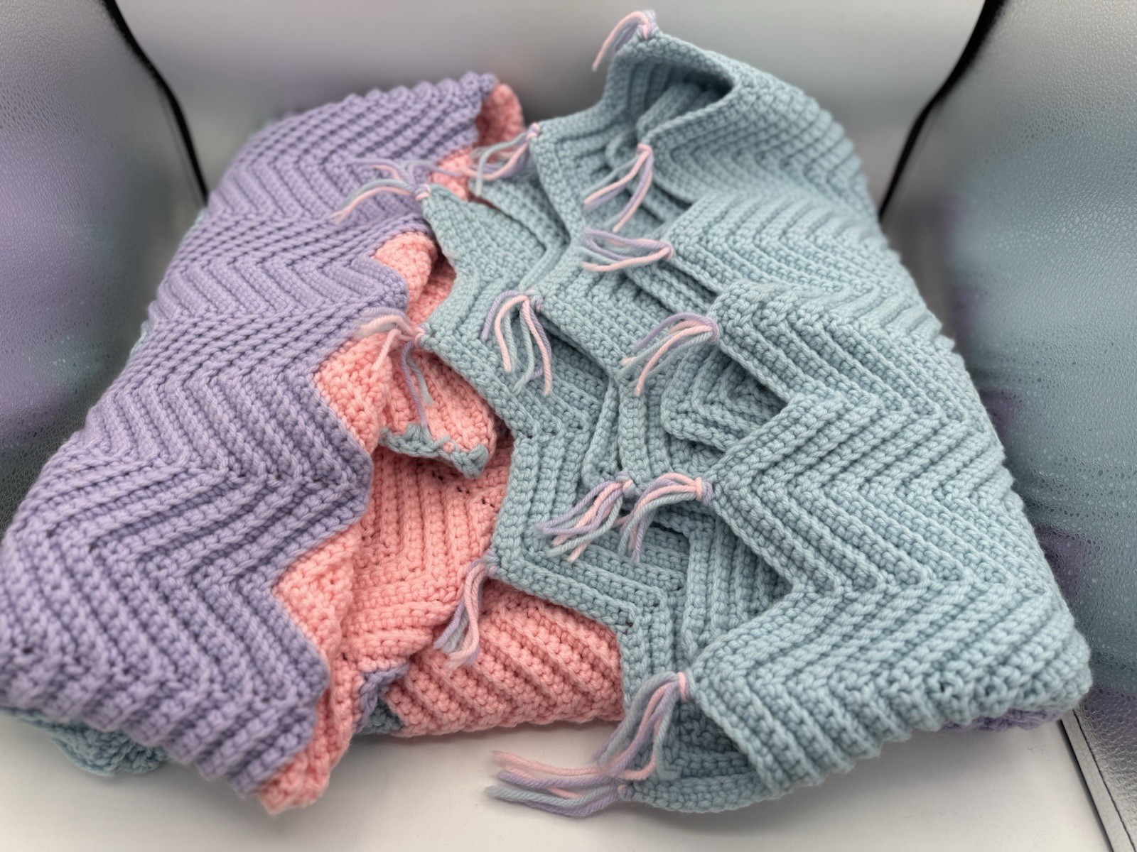 Hand-Crocheted Chevron Afghan – Blue, Pink & Purple Ripple Throw – 49” x 75