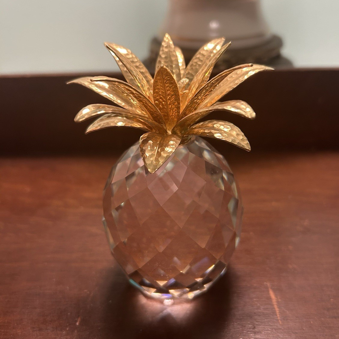 Swarovski Clear Faceted Crystal Pineapple Figurine Large Gold Tone Leaves 80148