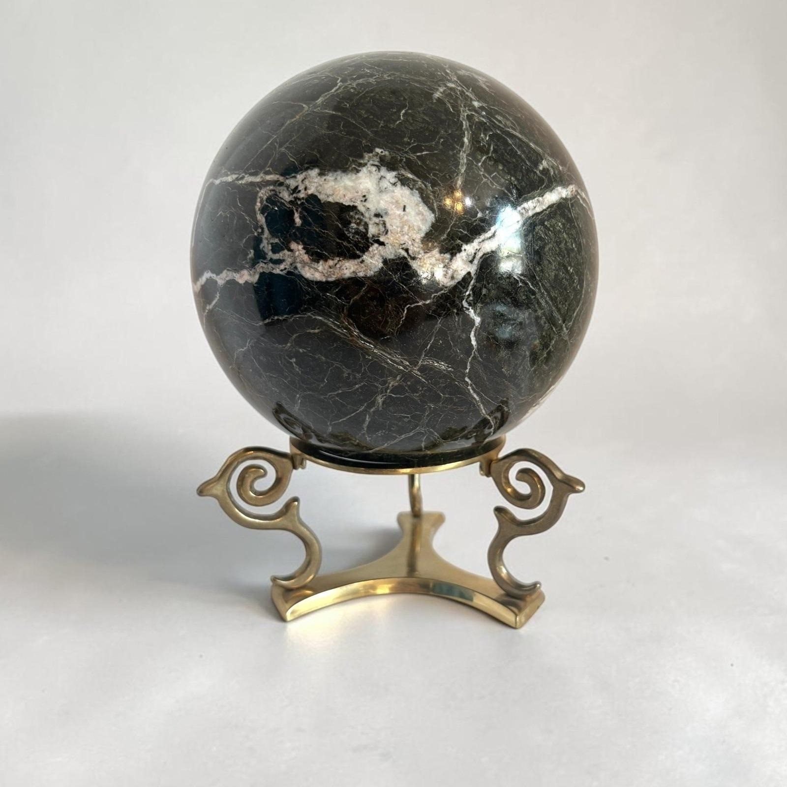 Vintage Large Black Marble Sphere + Scrolled Brass Tripod Stand Decorative Orb