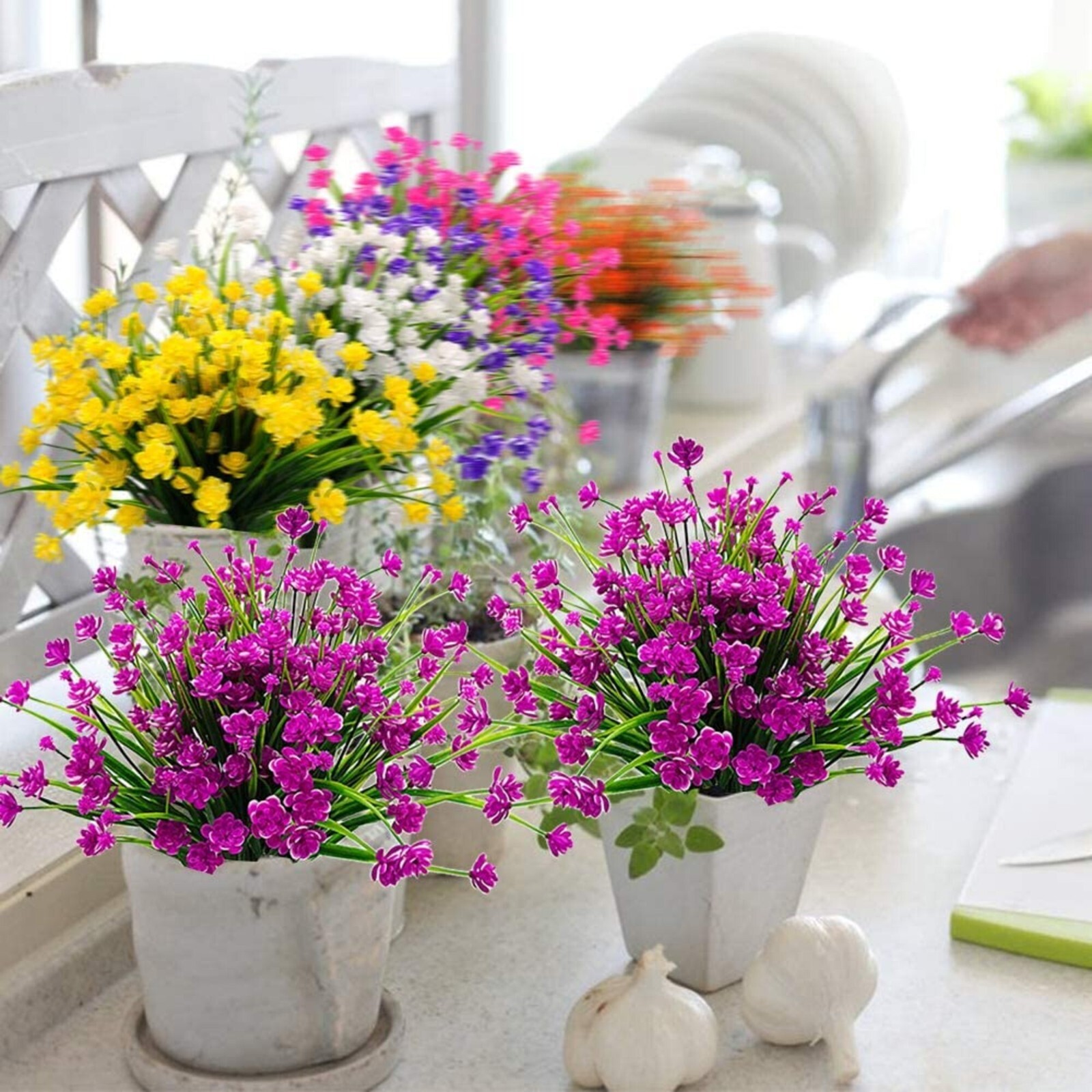 12 Bundles Outdoor Artificial Fake Flowers UV Resistant Various Colors lifelike
