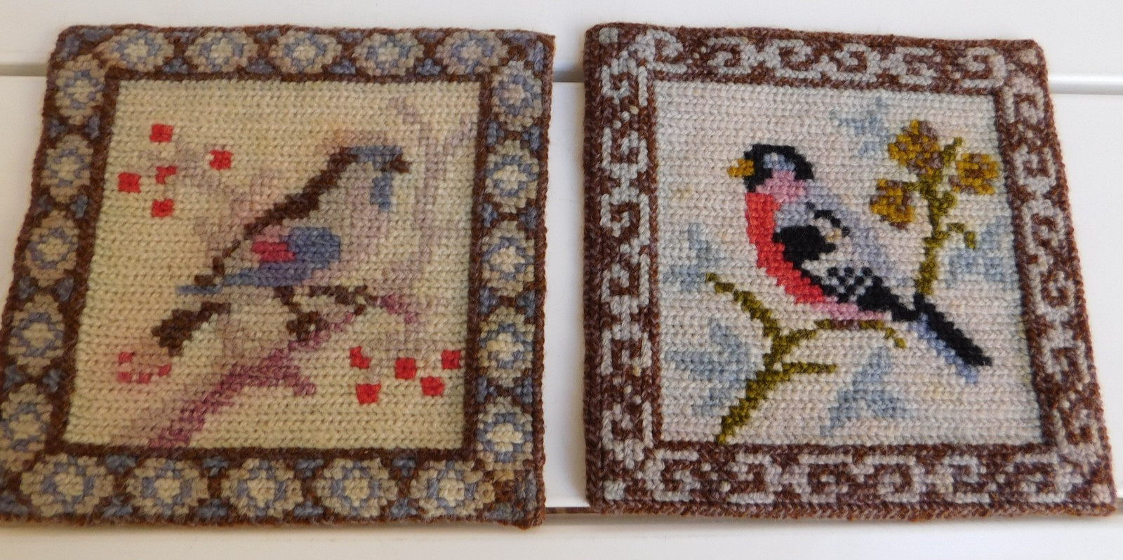 Floral Birds Wall Hanging Squares 6.5&Prime; x 6.5&Prime; Rug Handmade 100% Wool Lot 2 VTG