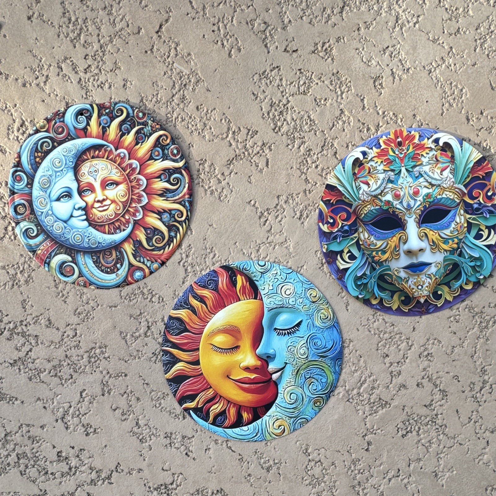 3-Pc Round Metal Wall/Fence Set Multicolor Sun Moon & Venetian Face
