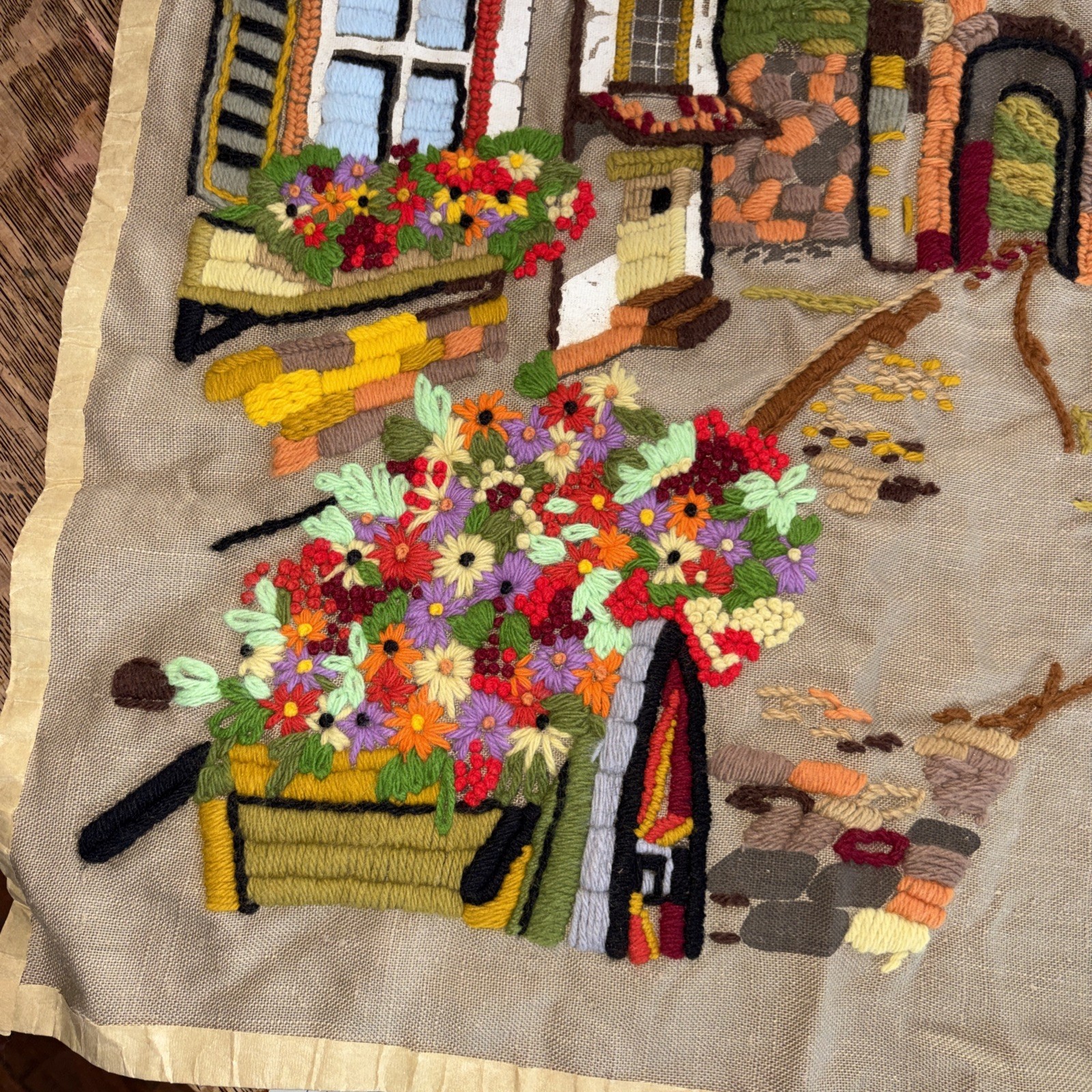 Wall Tapestry Artwork Crewel Embroidery 22.75&Prime;x 33.5&Prime; European Village Scene