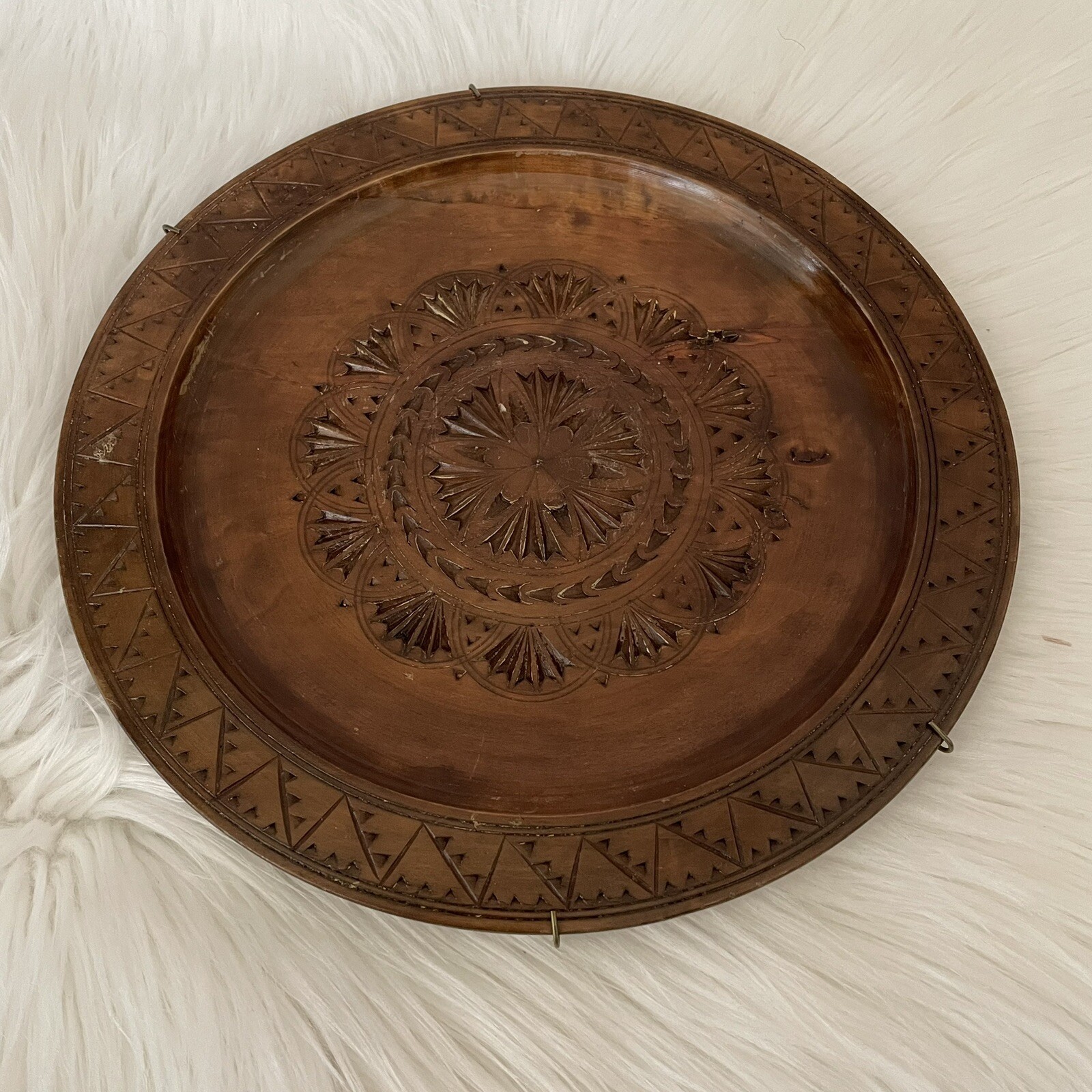 Vintage 1972 Round Wood Hand Carved Wall Plate Decor