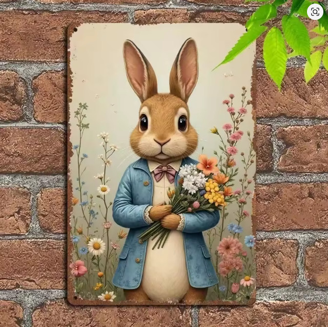 Victorian Wall Decor Farmhouse Vintage Rabbit holding Flower Metal Tin Sign 8×12