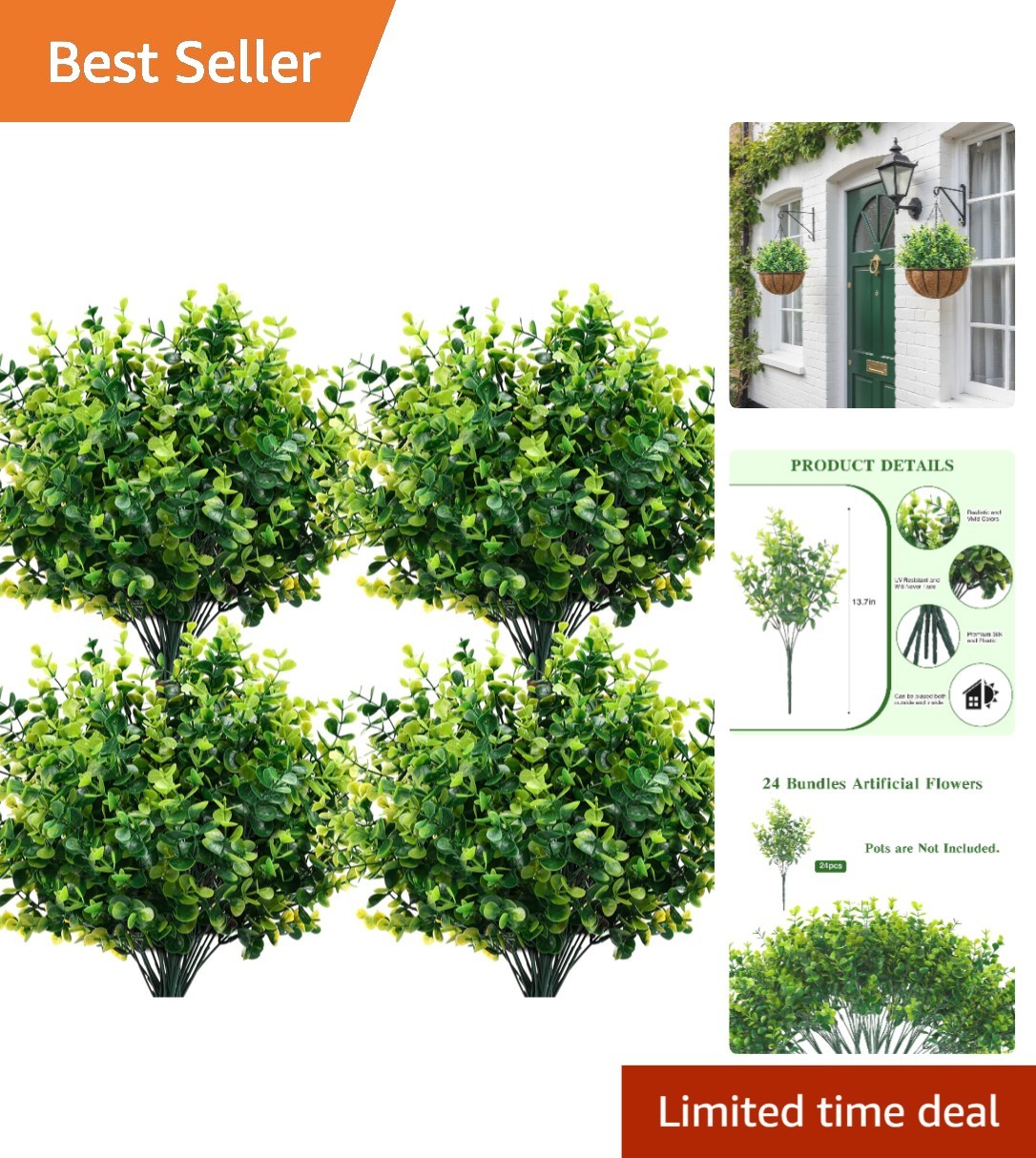 UV Resistant Faux Boxwood Stems 24 Pieces for Exterior and Interior