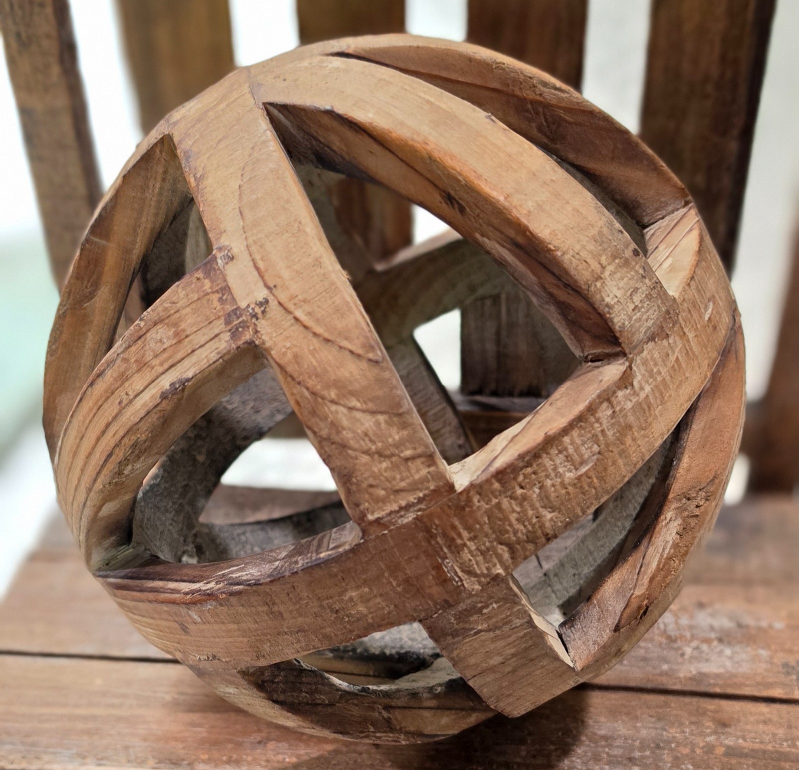 Wood round ball home decor, 9&Prime; diameter, excellent condition
