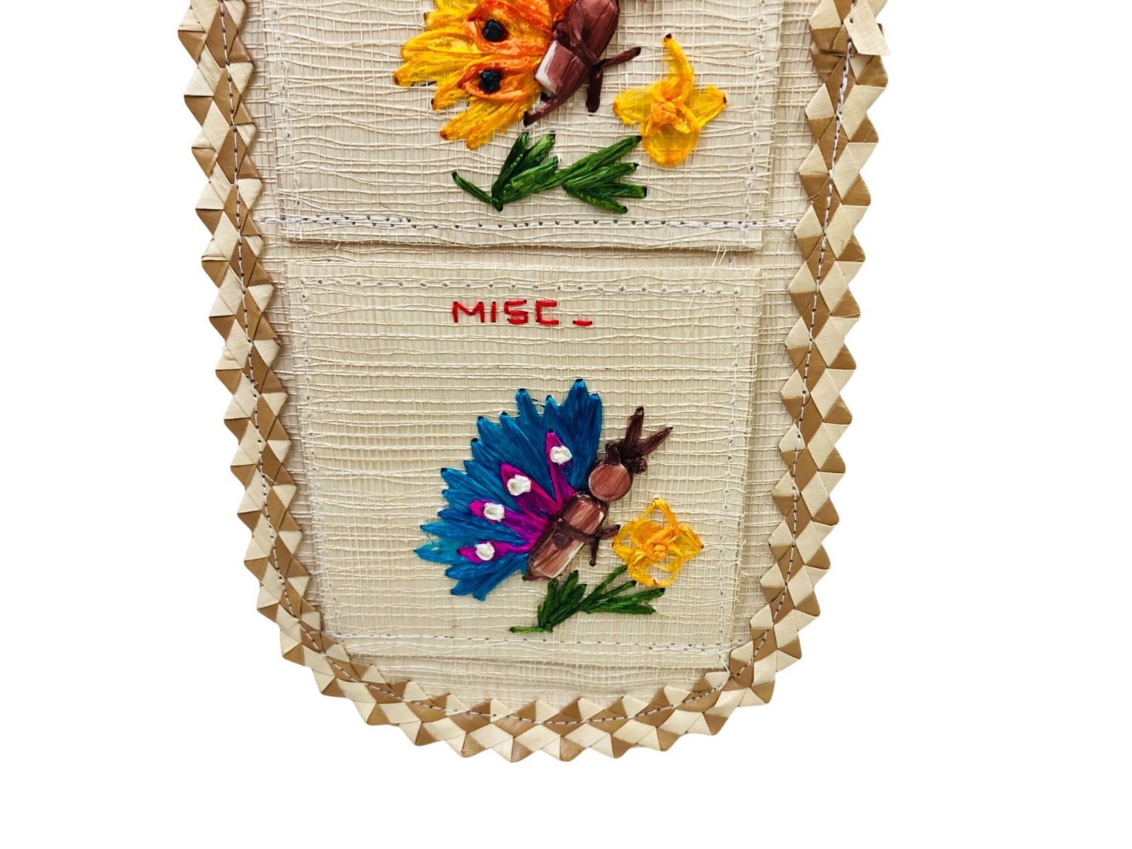 Vintage Straw Raffia Hanging Letter Bill Holder Embroidered Bahamas Boho Decor