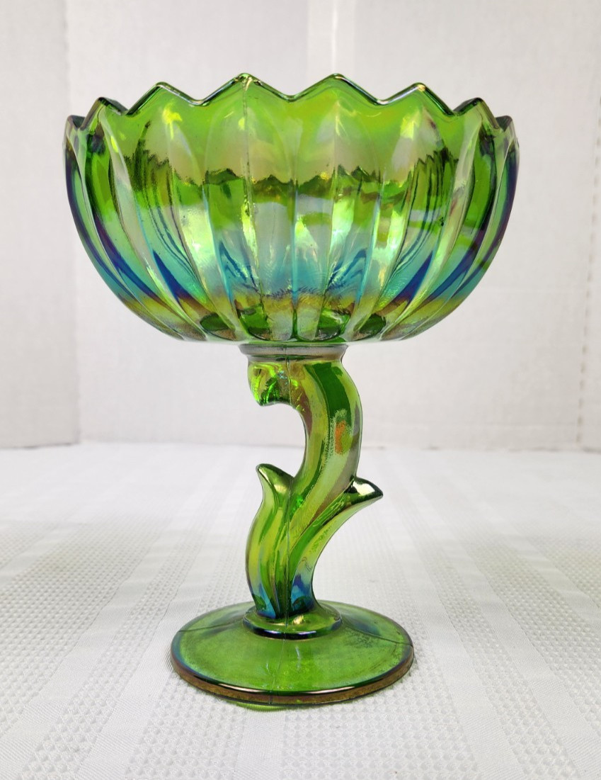 Vintage Iridescent Green Indiana Carnival Glass Lotus Flower Pedestal Compote