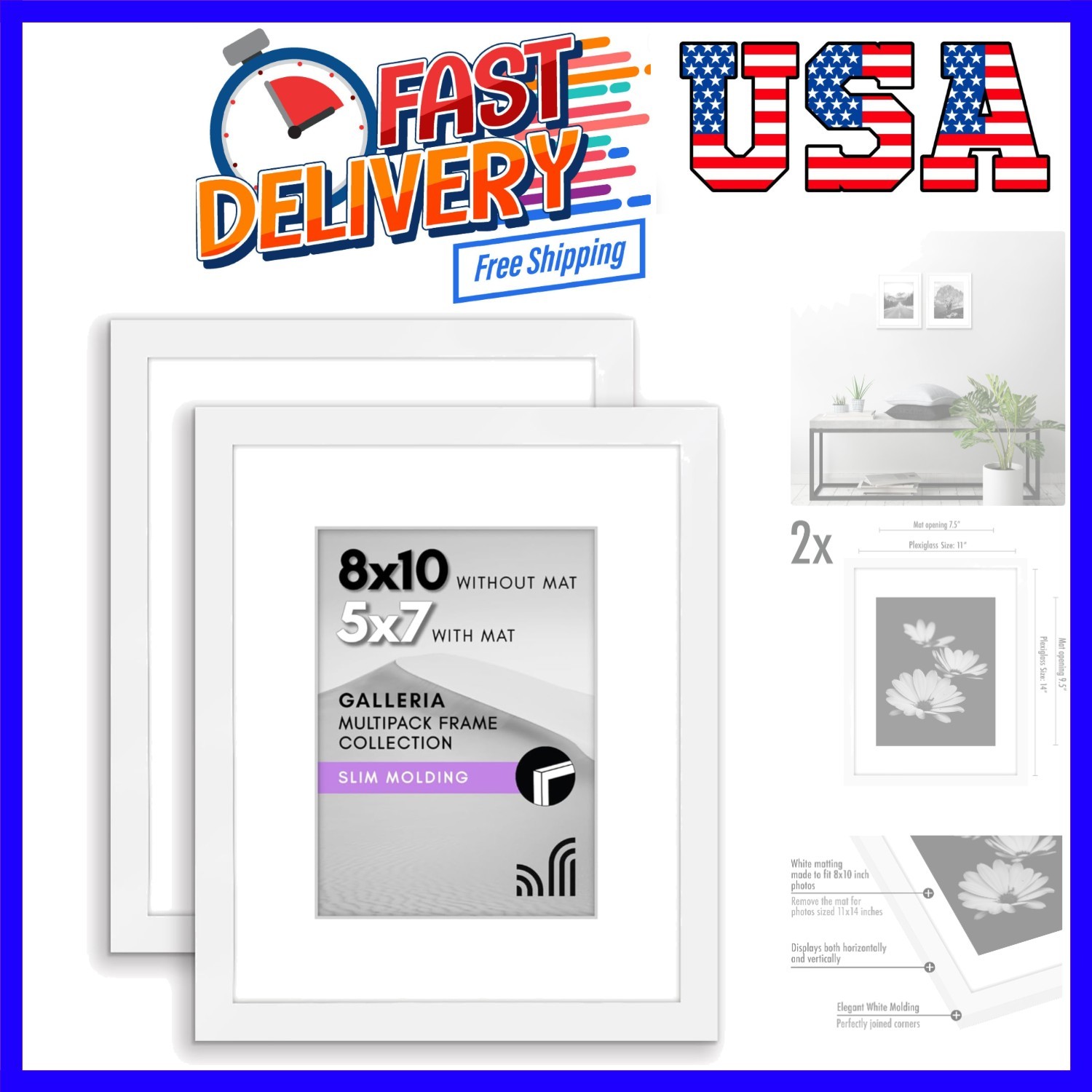 8×10 Picture Frame with Polished Plexiglass – Set of 2 – Use as 5×7 Frame wit…