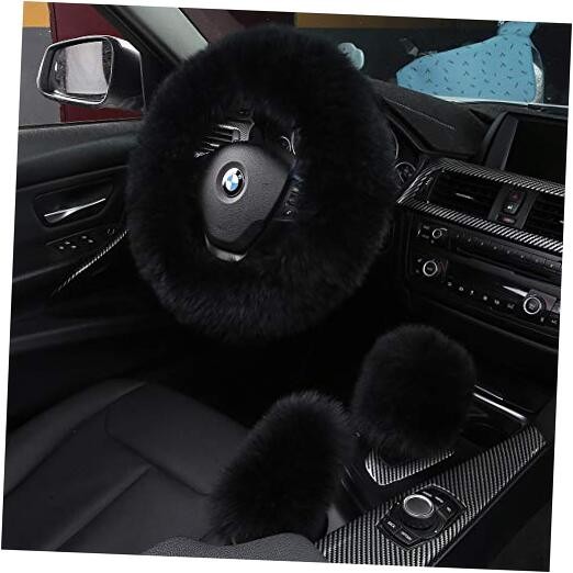 3Pcs Set Fashion Fluffy Fuzzy Wool Fur Soft Car Steering Wheel Long Wool Black