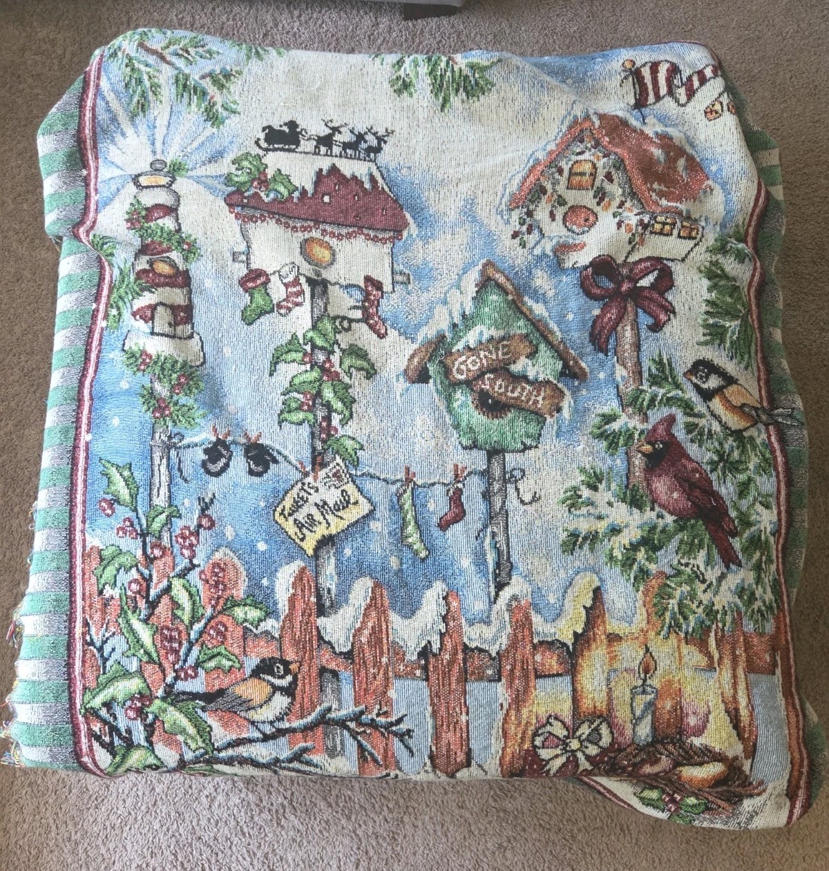 Vintage Christmas Woven Tapestry Throw Blanket Birdhouse Cardinal Chickadee Frin