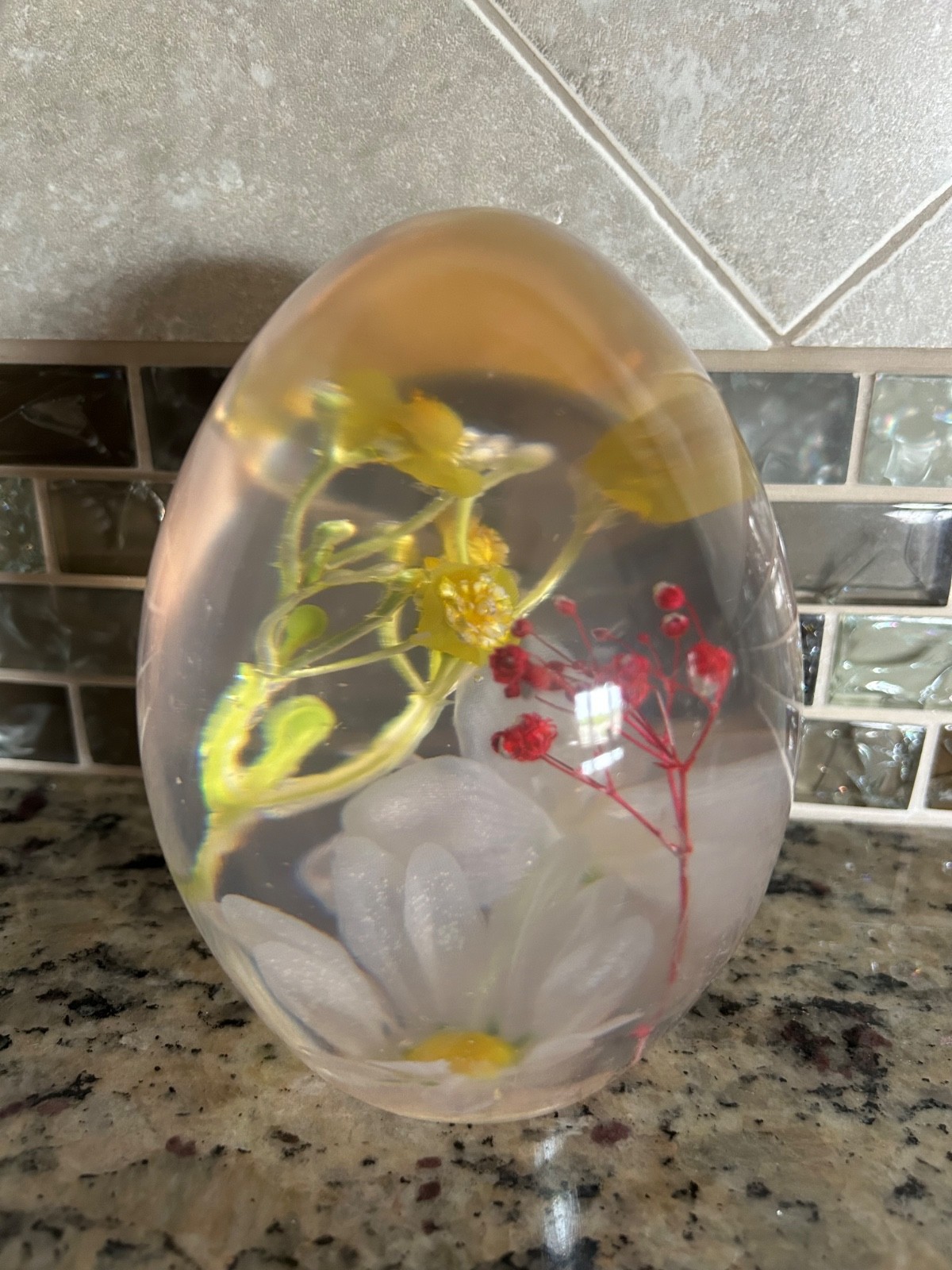 Laura Ashley Flower Bouquet In Acrylic Egg shaped paperweight